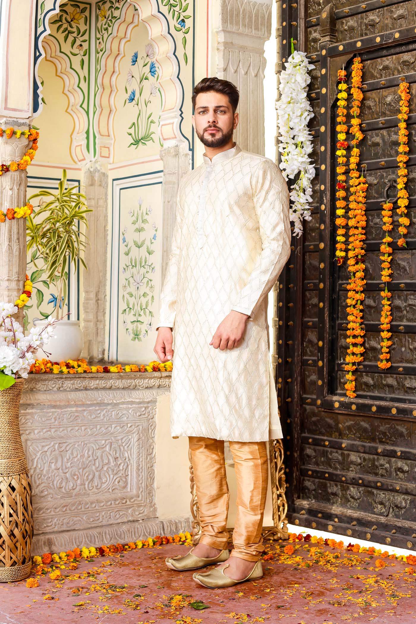 Cream Soft Silk Kurta Suit with Sequin Embroidery.
