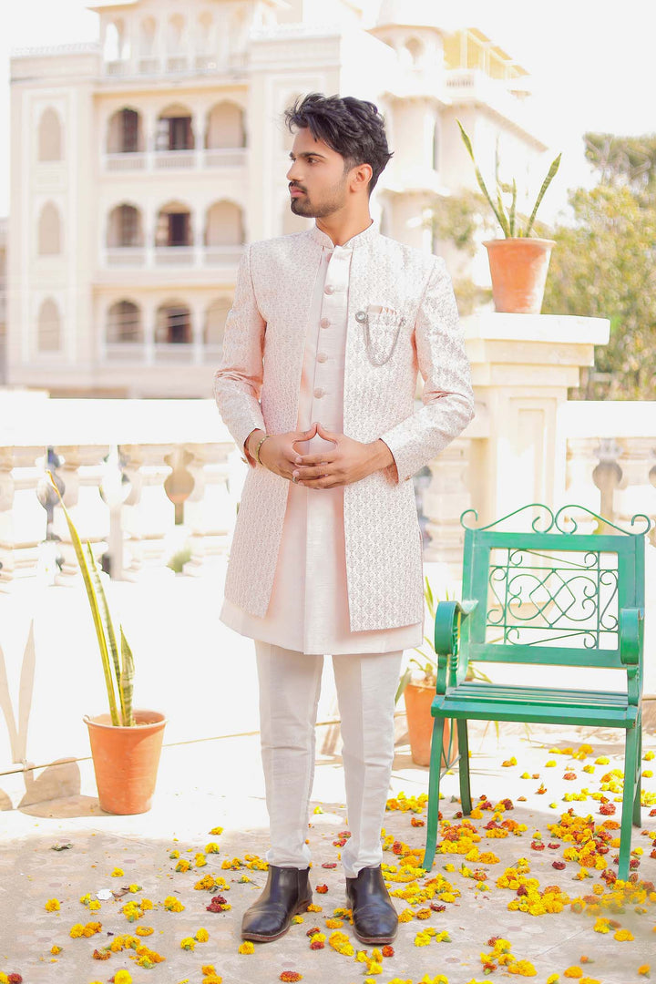 Light Pink Raw Silk Jacket Style Indo-wester Suit.