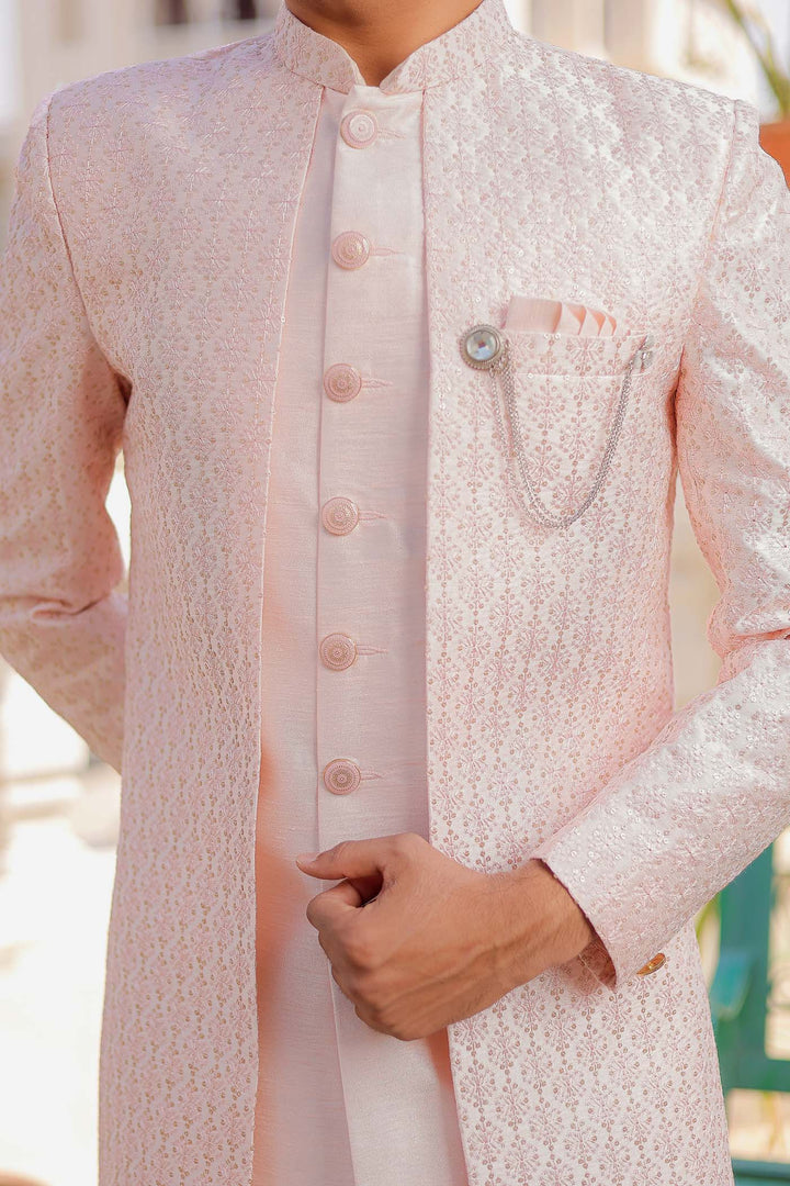 Light Pink Raw Silk Jacket Style Indo-wester Suit.