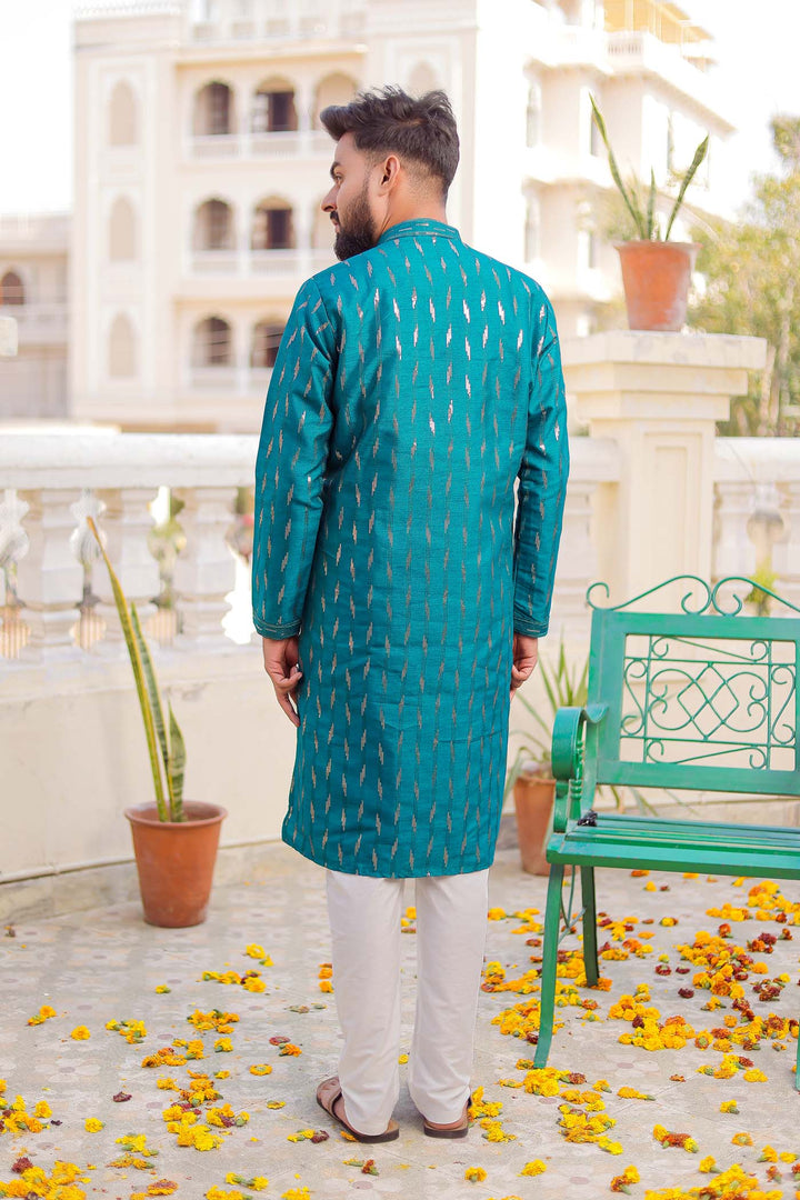 Teal Raw Silk Kurta Suit With Sequin Embroidery All Over.