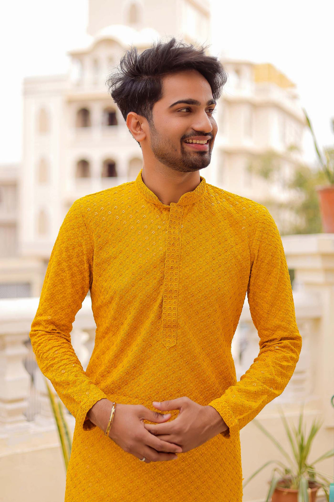 Yellow Lucknowi Kurta Suit With Sequin Work.