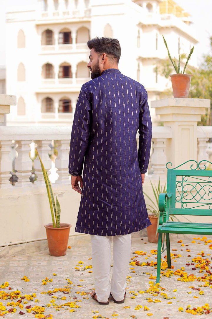 Navy Blue Raw Silk Kurta Suit With Sequin Embroidery All Over.