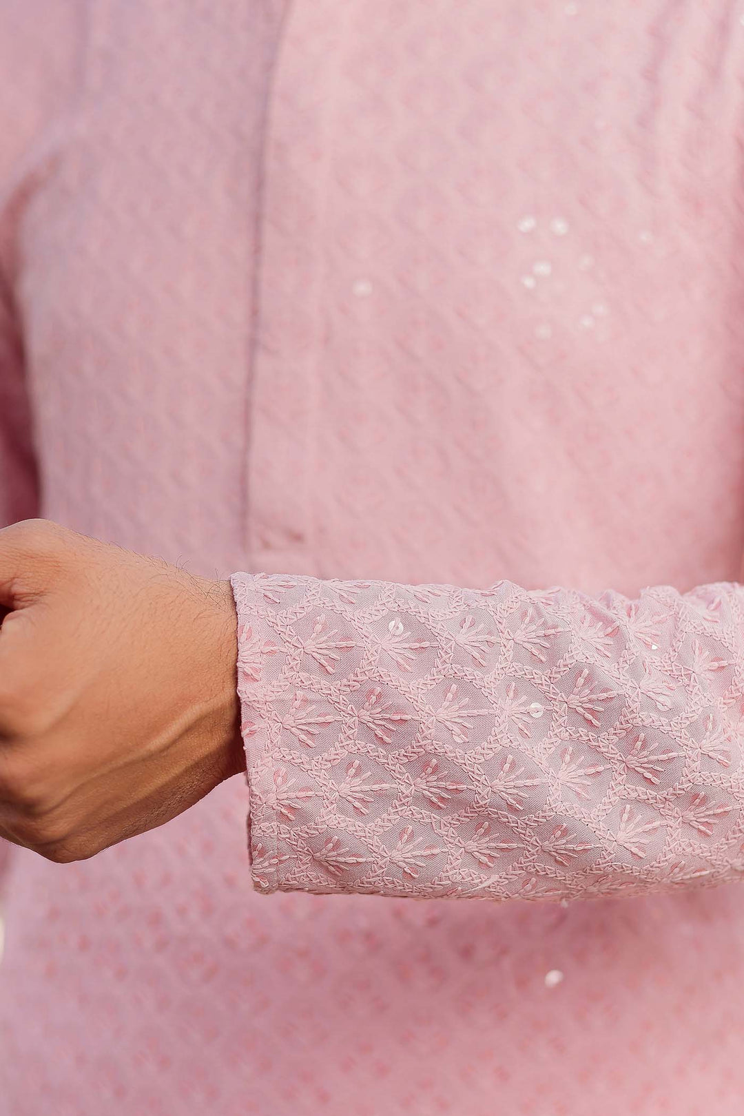 Light Pink Sequin Embellished Chikankari Kurta Suit.