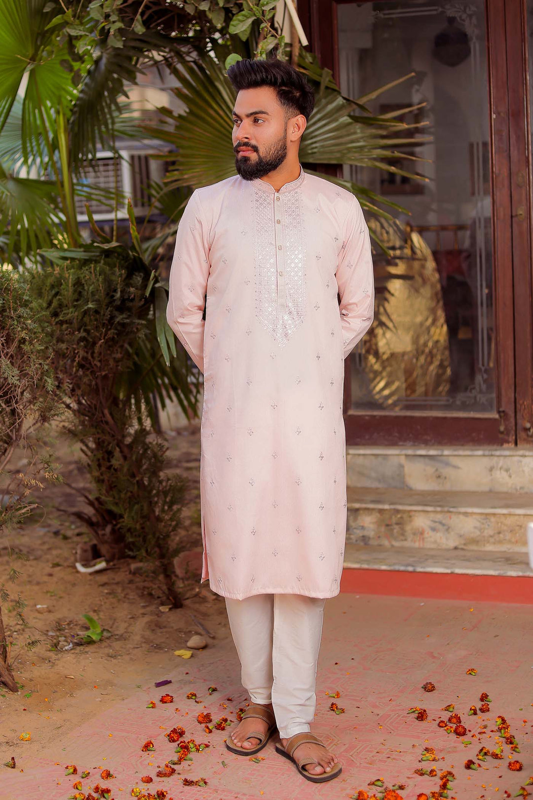Light Pink Rayon Silk Kurta Suit With Sequin Embroidery.