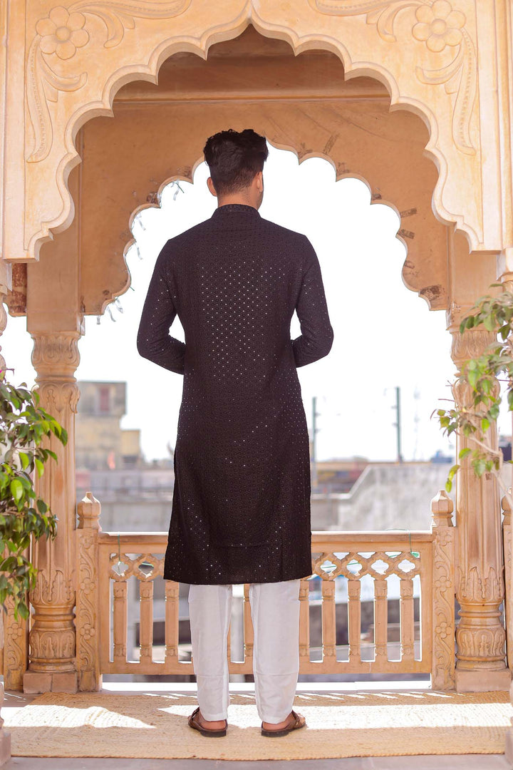 Black Lucknowi Kurta Suit With Sequin Work.
