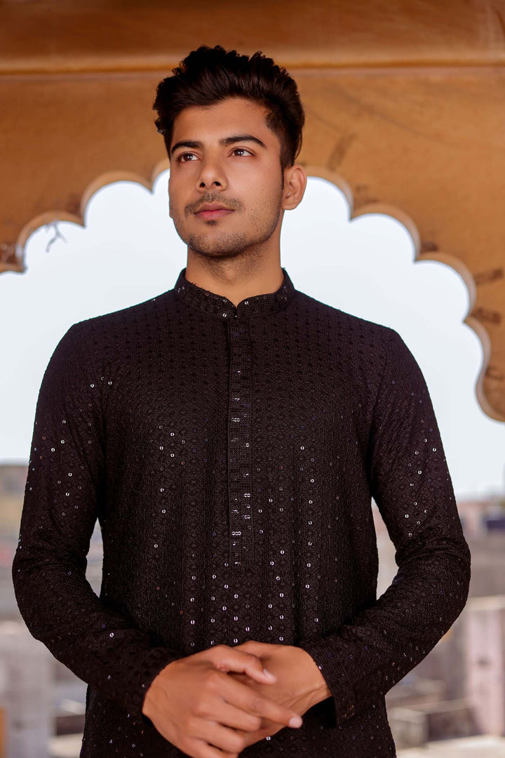 Black Lucknowi Kurta Suit With Sequin Work.
