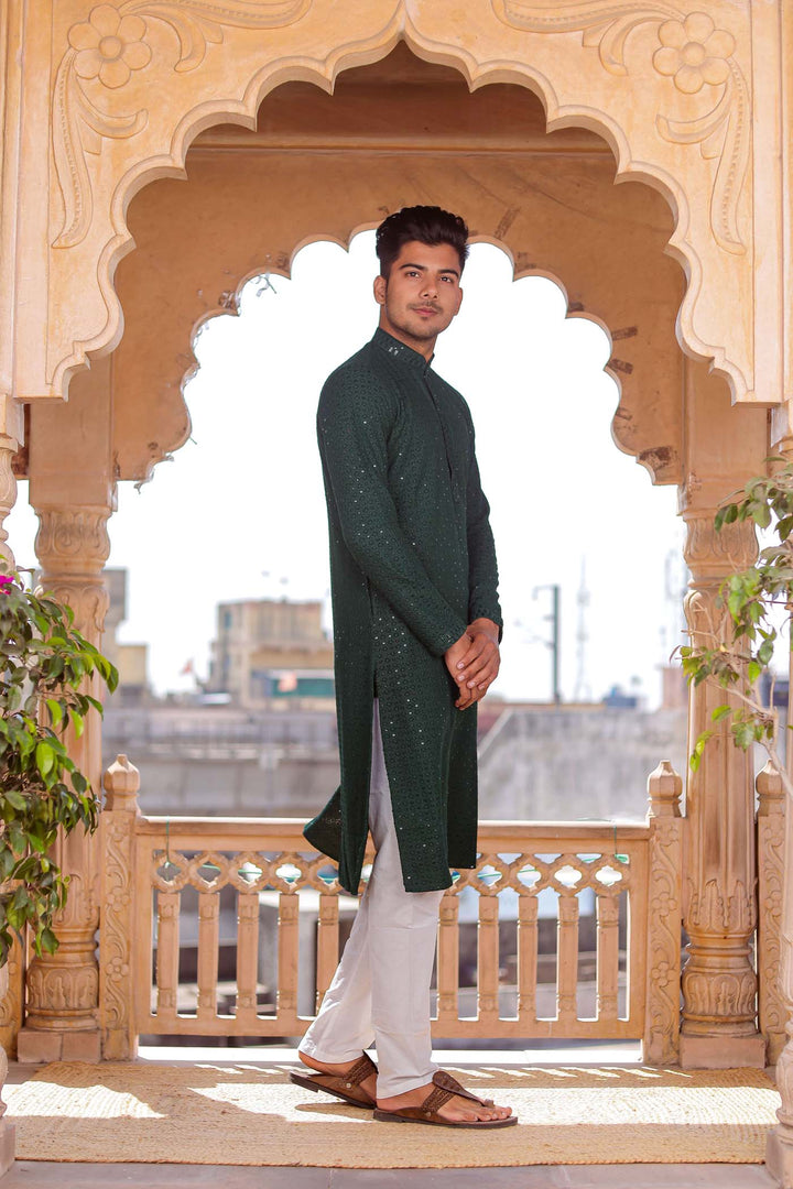 Bottle Green Lucknowi Kurta Suit With Sequin Work.