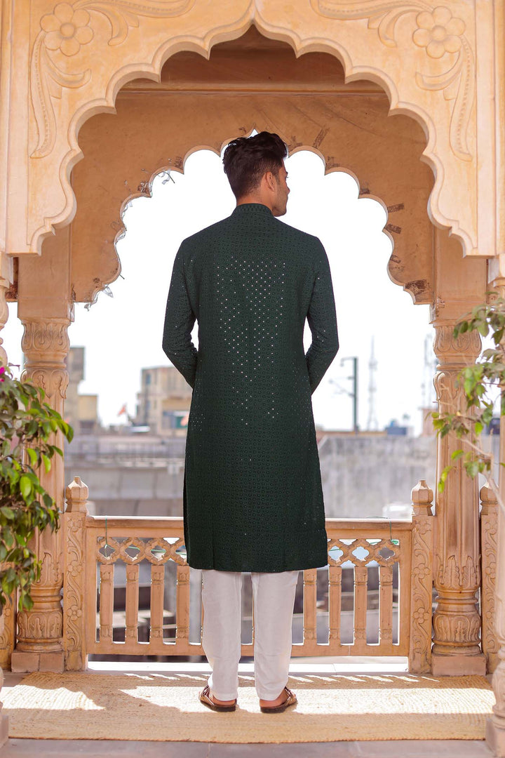 Bottle Green Lucknowi Kurta Suit With Sequin Work.