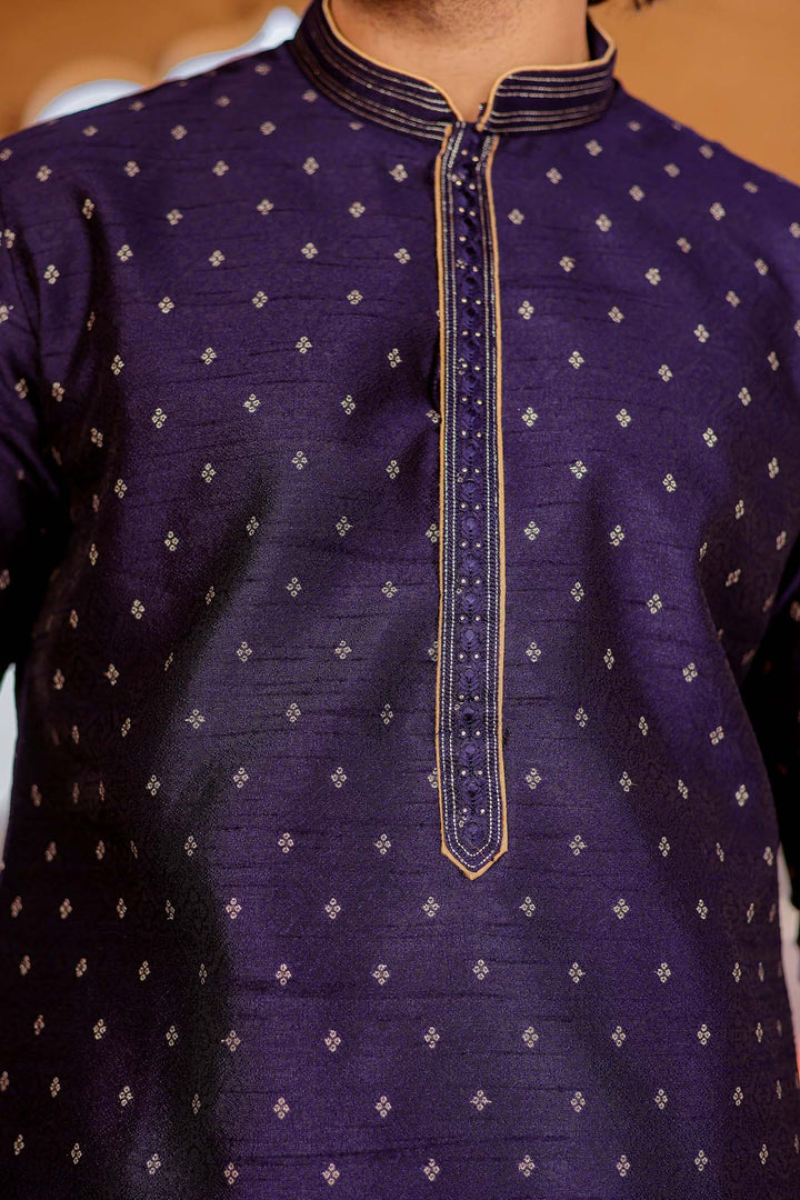 Navy Blue Brocade Silk Kurta Suit With Resham Thread Embroidery.