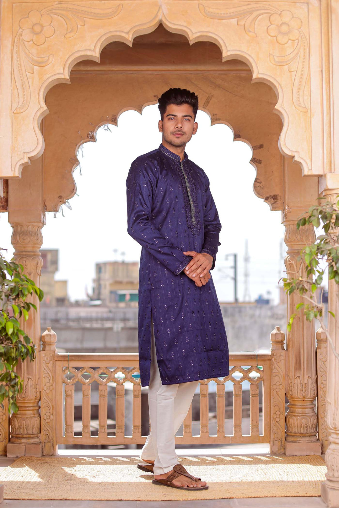 Navy Blue Raw Silk Kurta Suit With Resham Thread And Sequin Embroidery.