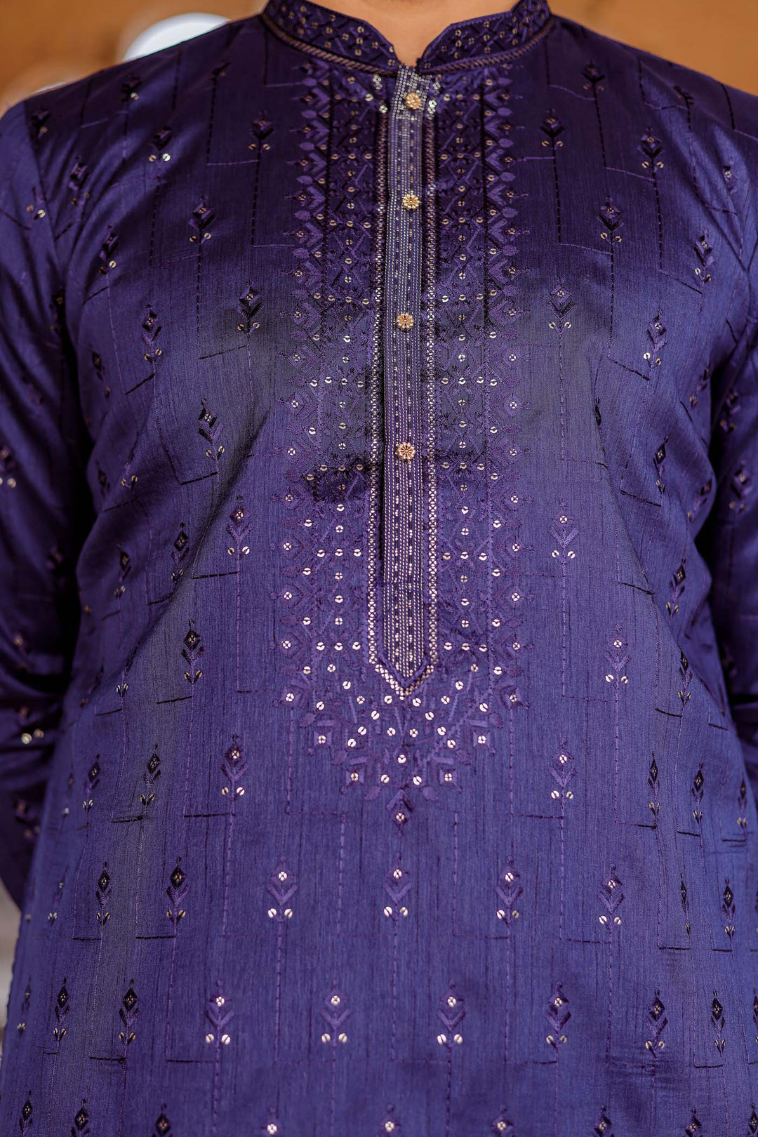 Navy Blue Raw Silk Kurta Suit With Resham Thread And Sequin Embroidery.