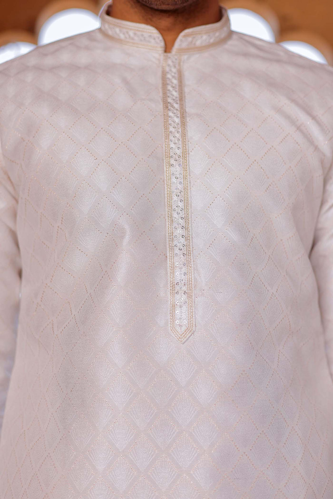Off White Brocade Silk Kurta Suit With Sequin Thread Embroidery.