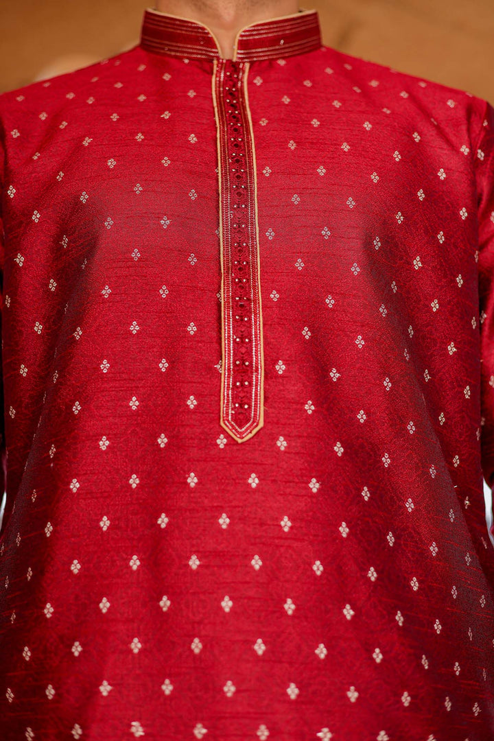 Maroon Brocade Silk Kurta Suit With Resham Thread Embroidery.