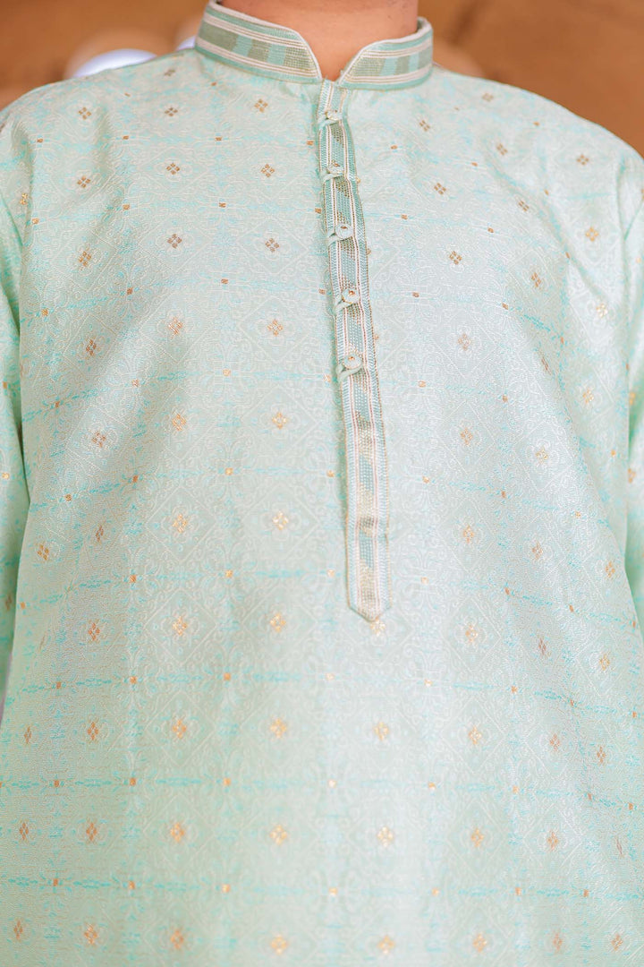 Sky Blue Brocade Silk Kurta Suit Looped Buttons.