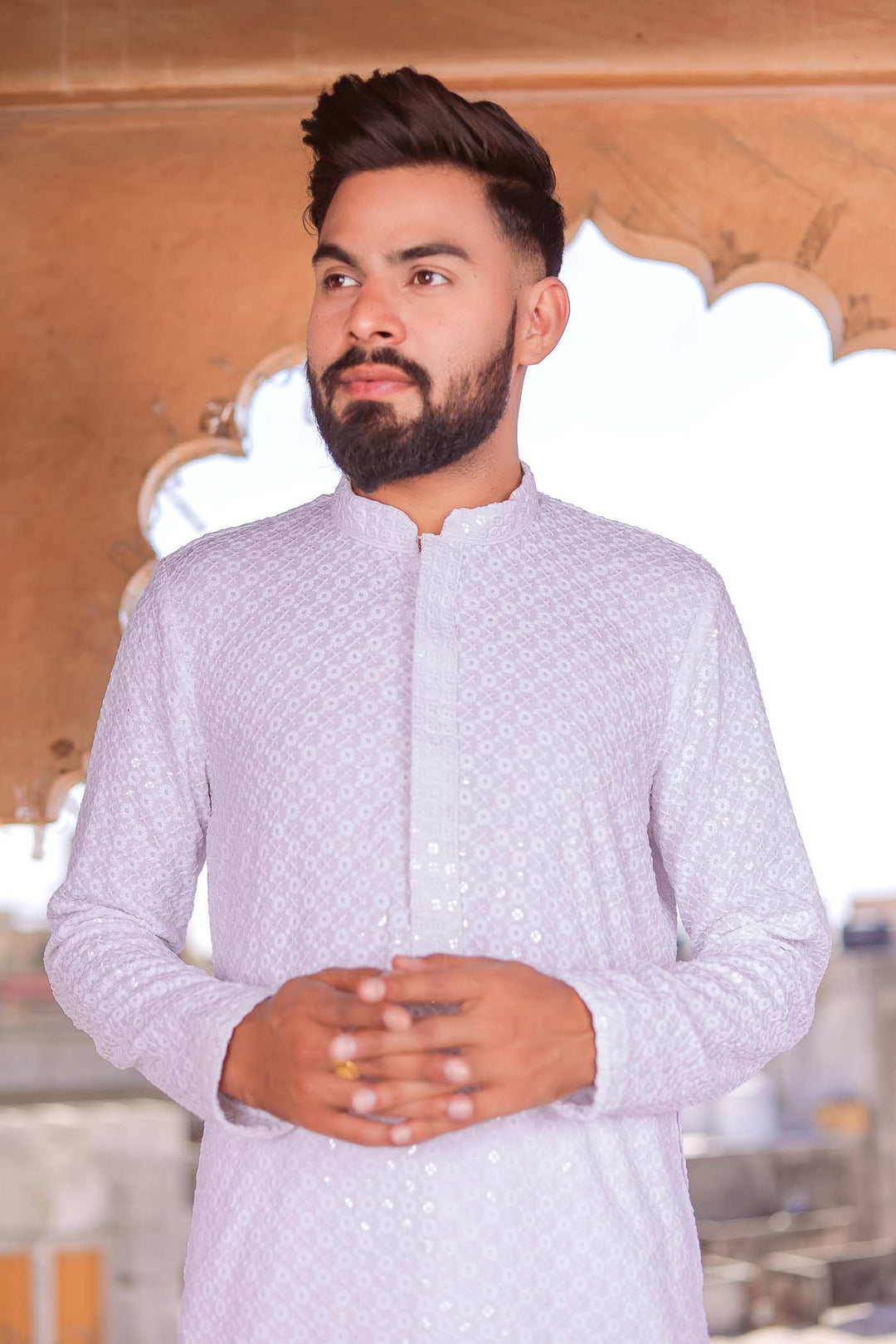 White Lucknowi Kurta Suit With Sequin Work.