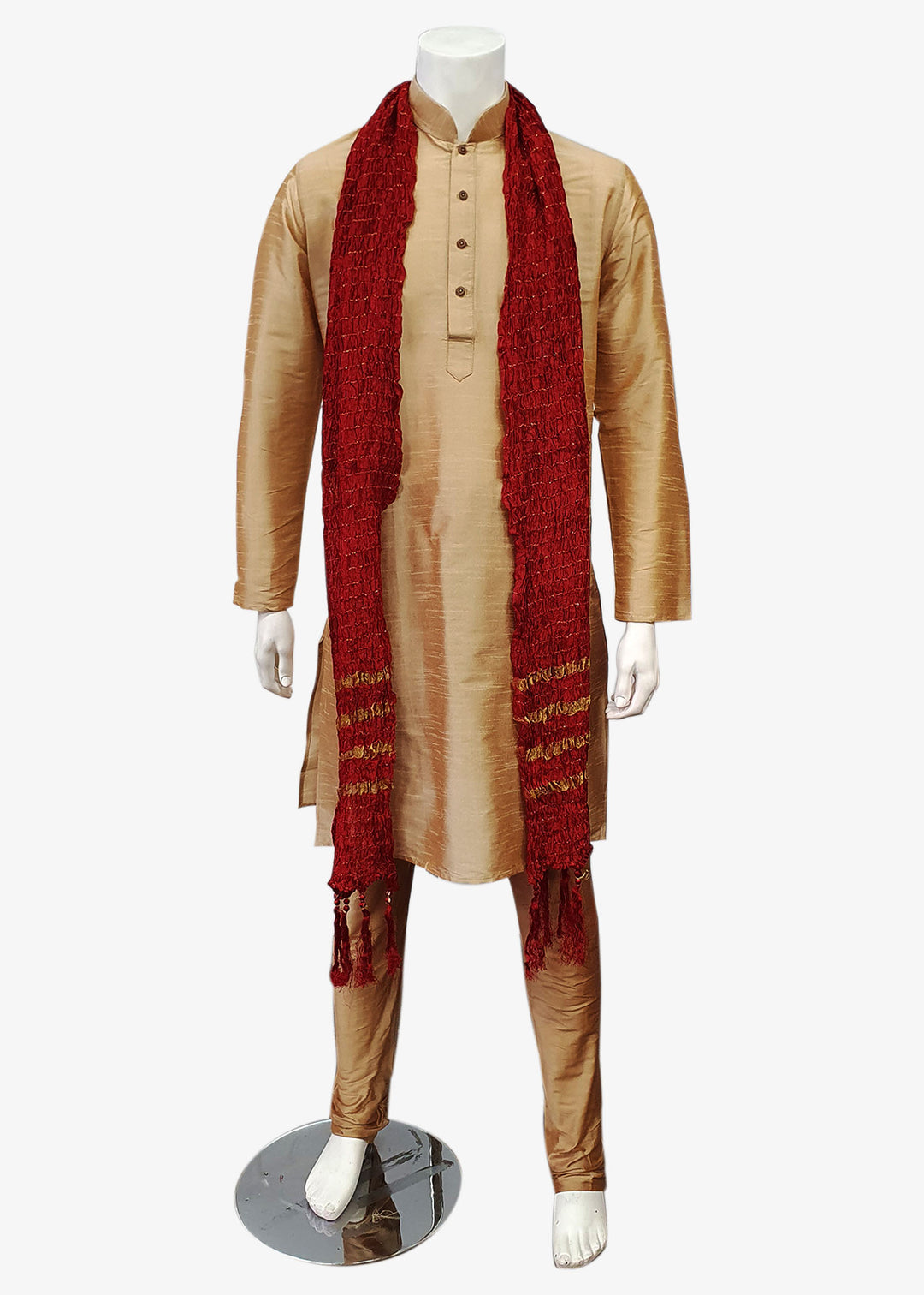 Mens Red Crushed Scarf Enhanced with Zari Weave