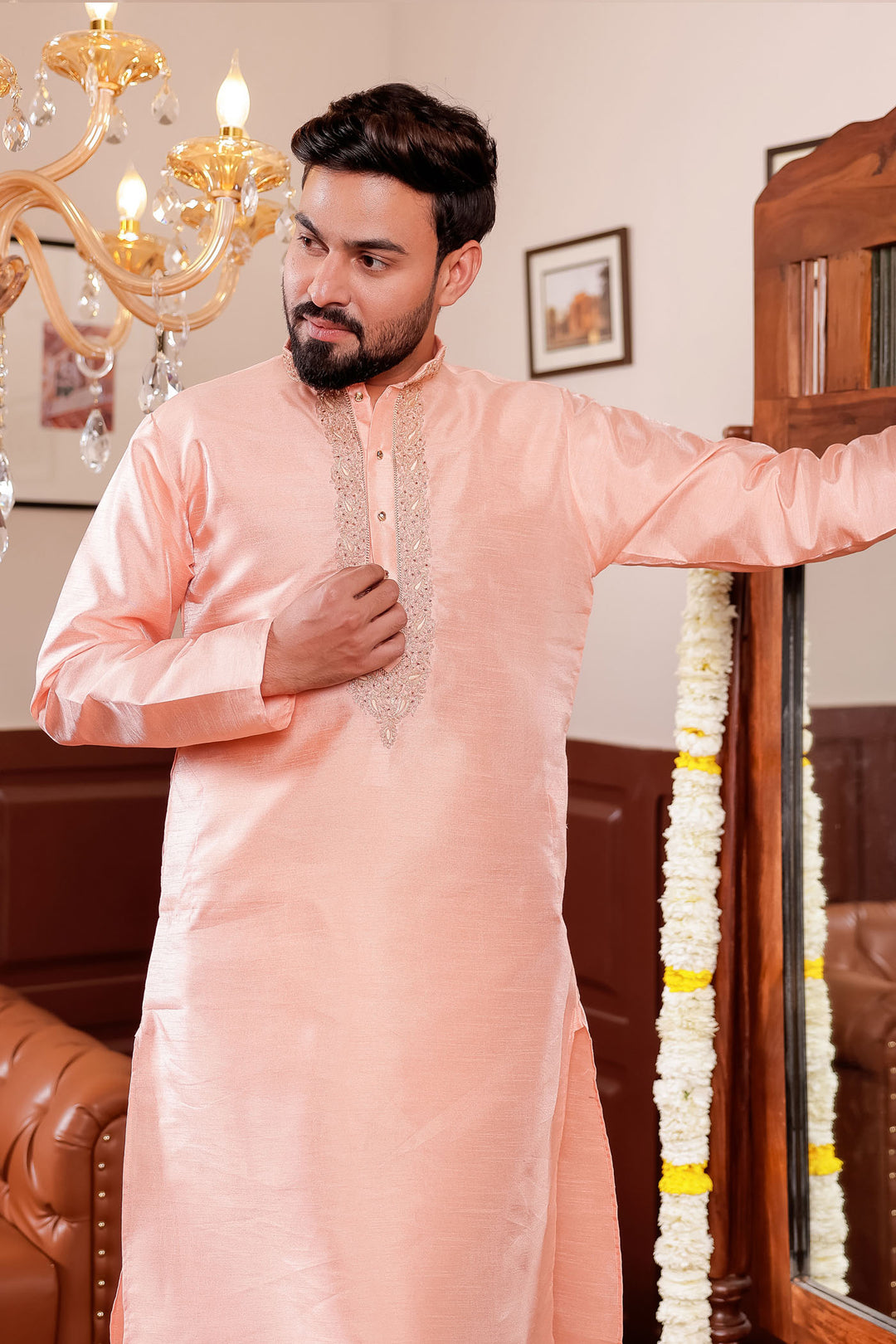 Light Pink Raw Silk Kurta Suit with Intricate Embroidery on neckline.