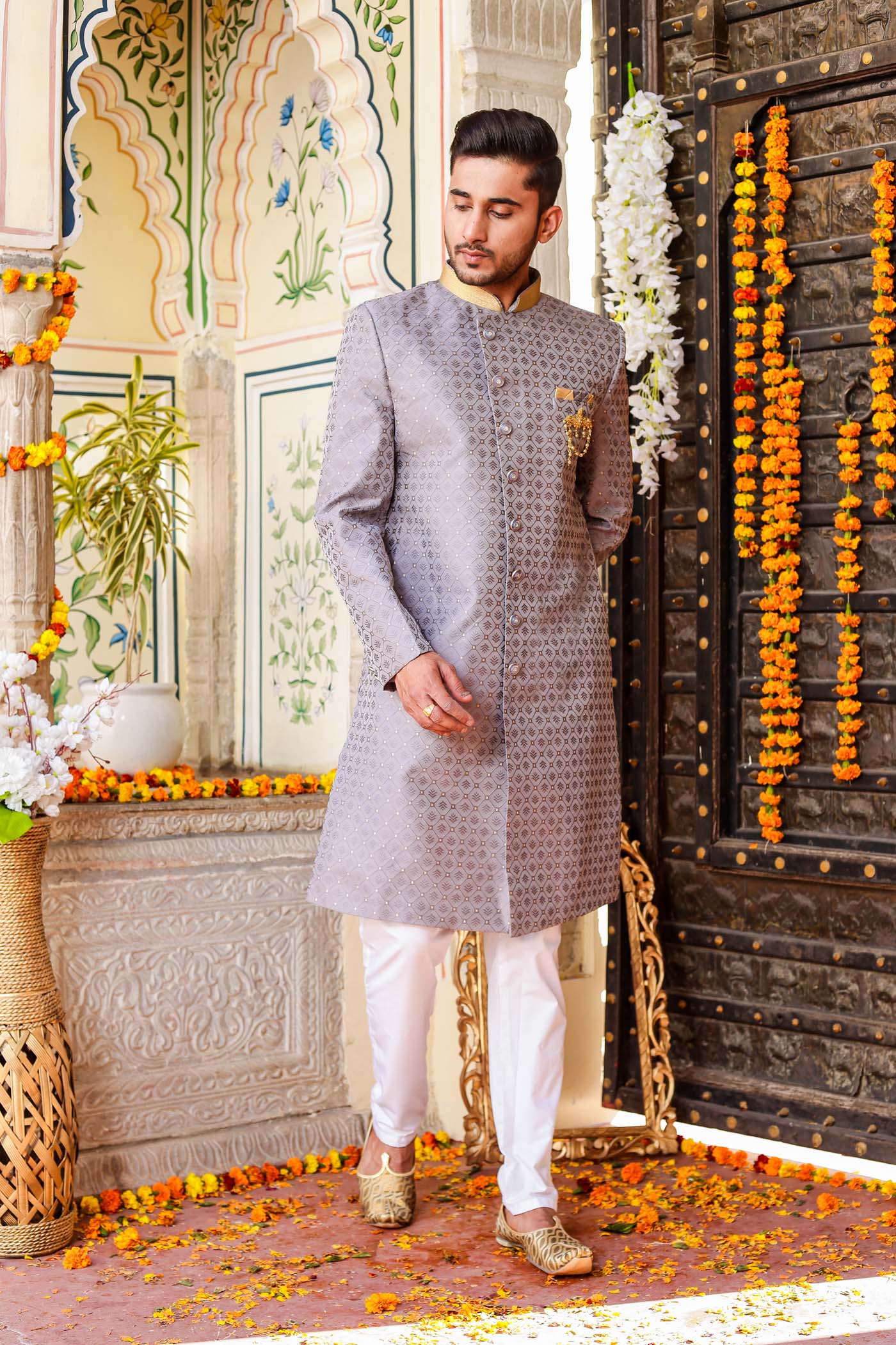 Grey Brocade Silk Indo-Western Suit.