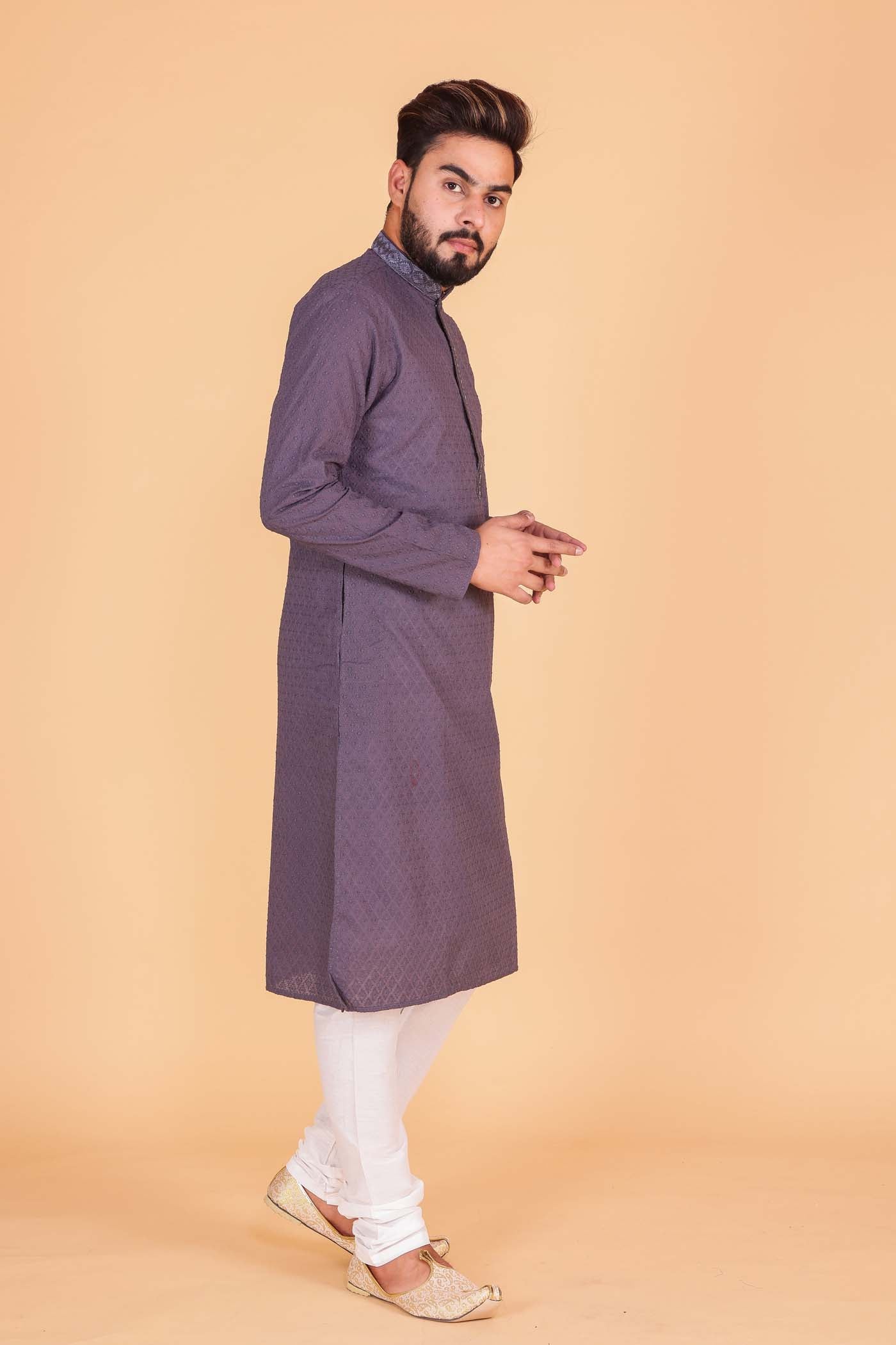 Luckhnowi kurta suit with resham thread work all over - Light Grey
