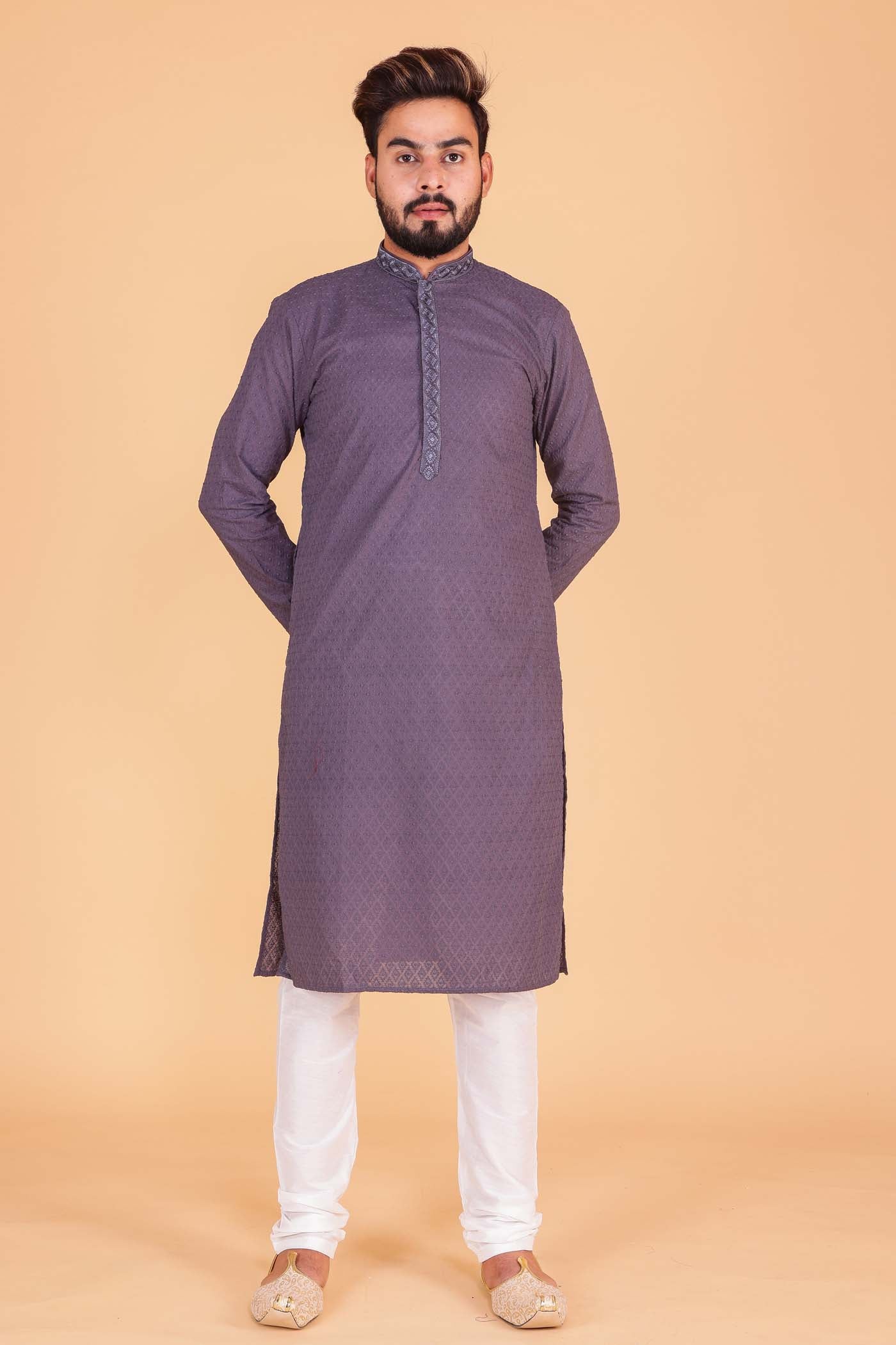 Luckhnowi kurta suit with resham thread work all over - Light Grey