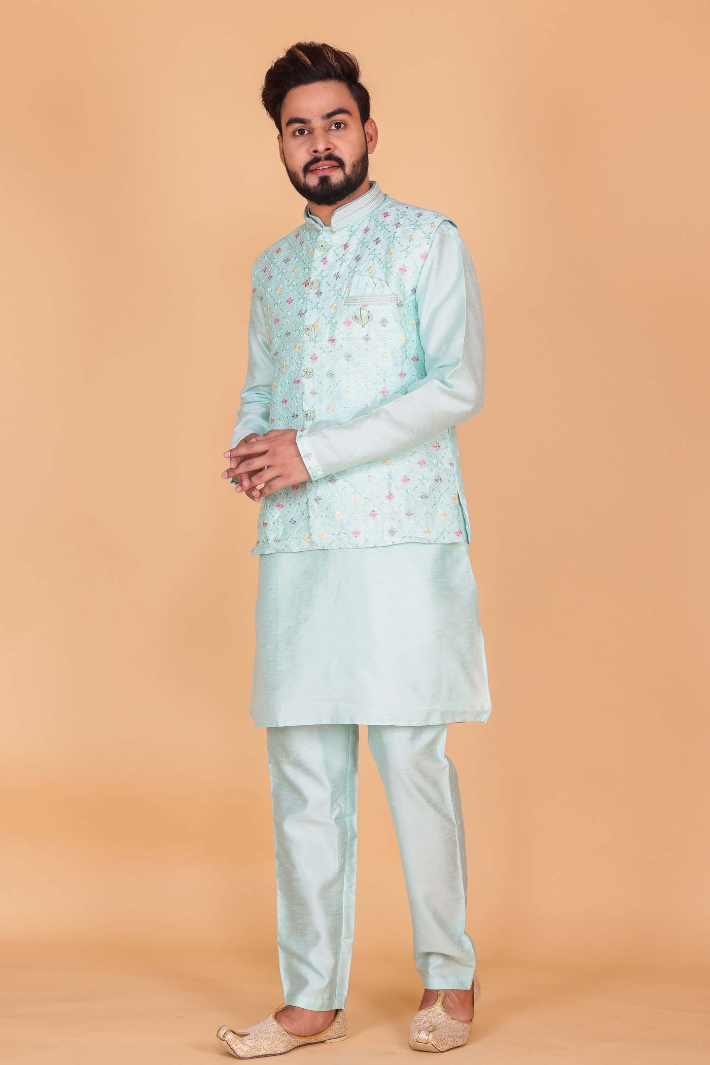 Designer Raw silk waistcoat kurta suit - Sea Blue