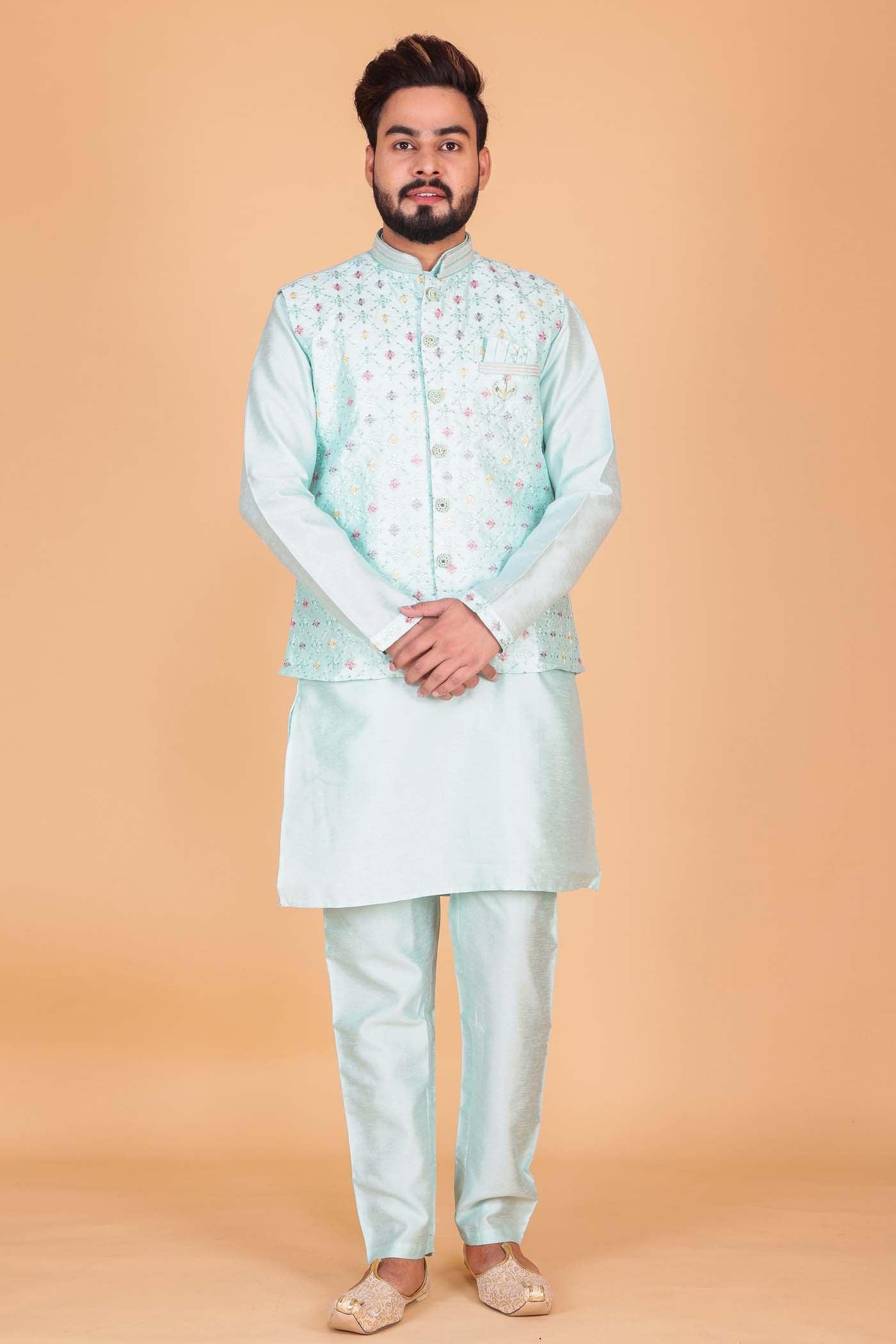 Designer Raw silk waistcoat kurta suit - Sea Blue