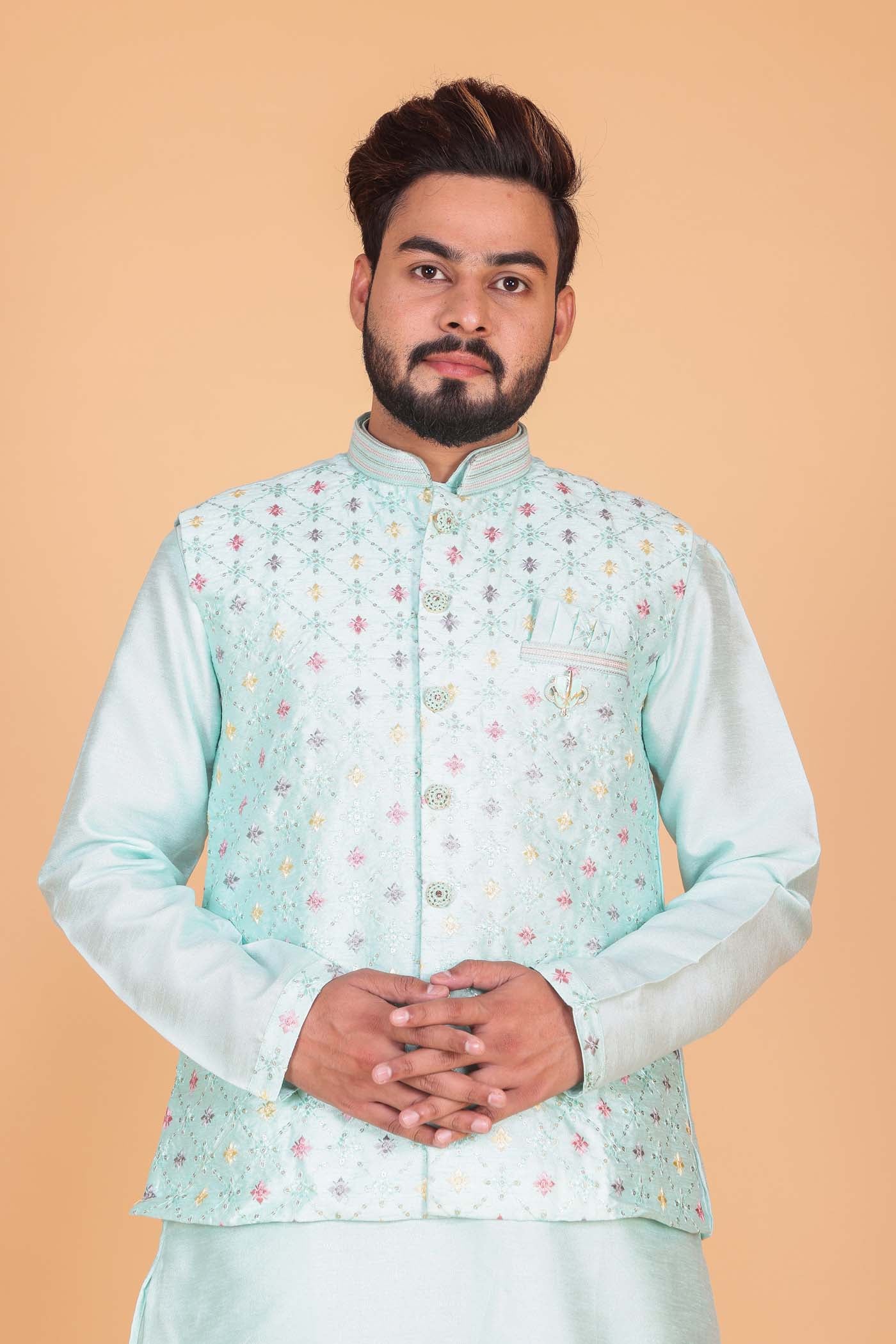 Designer Raw silk waistcoat kurta suit - Sea Blue