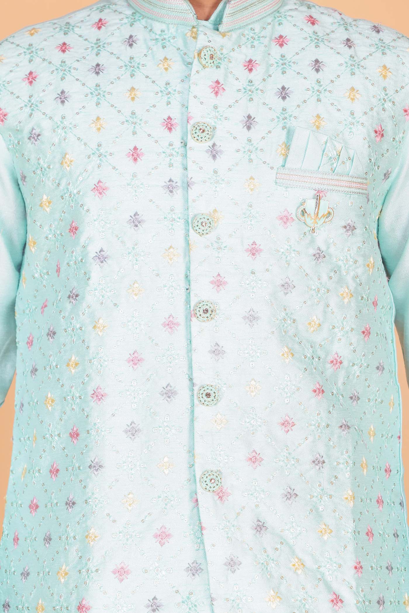 Designer Raw silk waistcoat kurta suit - Sea Blue