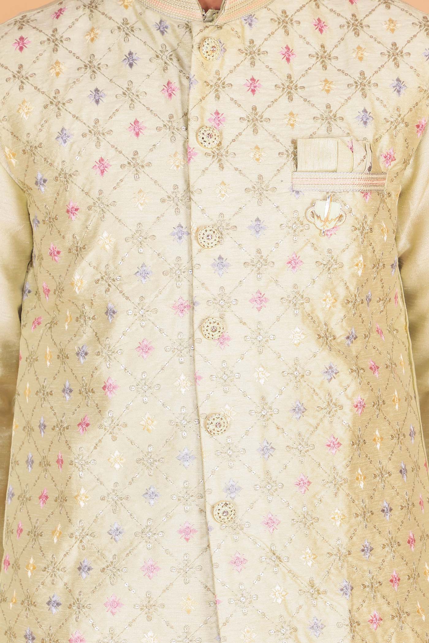 Designer Raw silk waistcoat kurta suit - Mint Green
