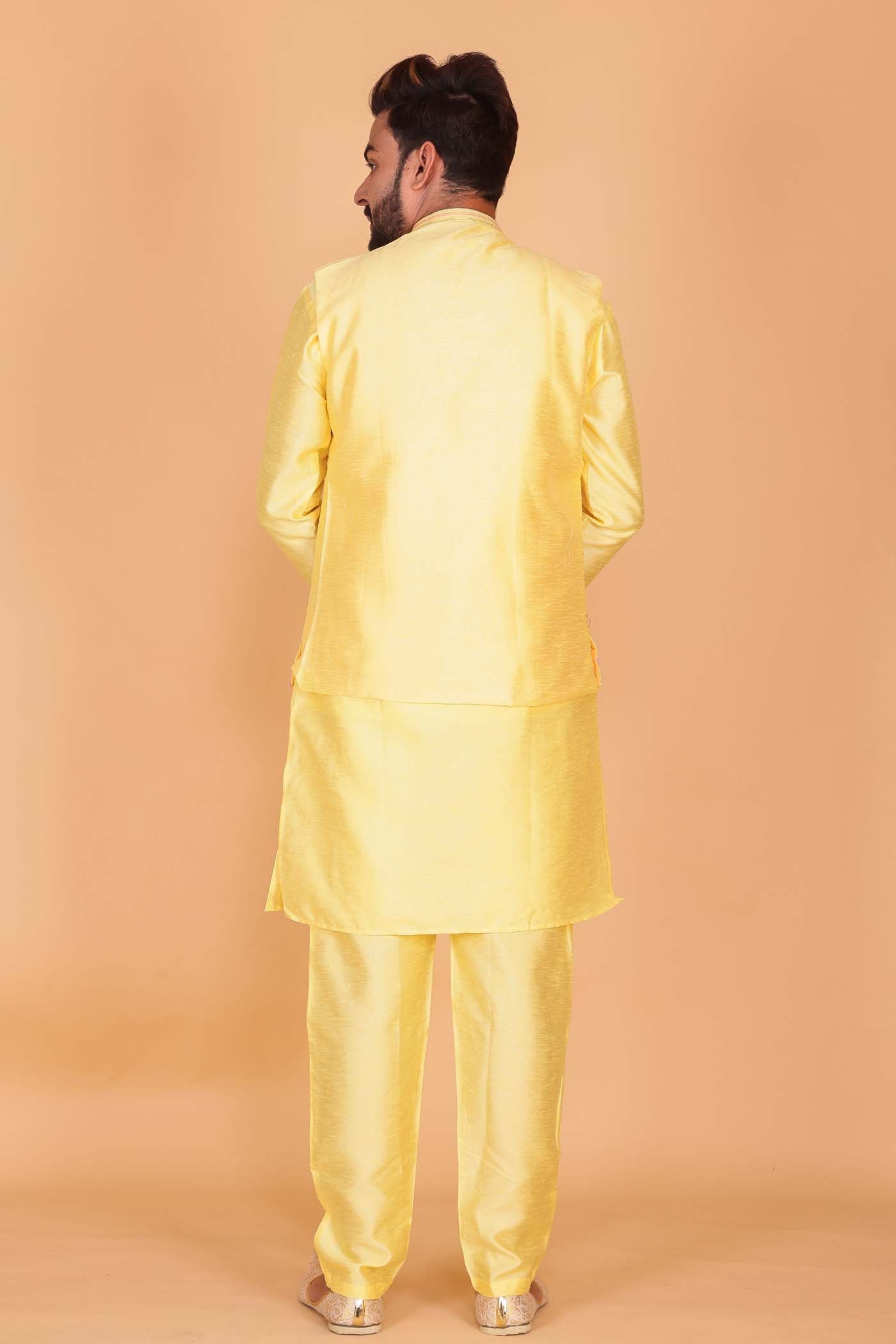 Designer Raw silk waistcoat kurta suit - Yellow
