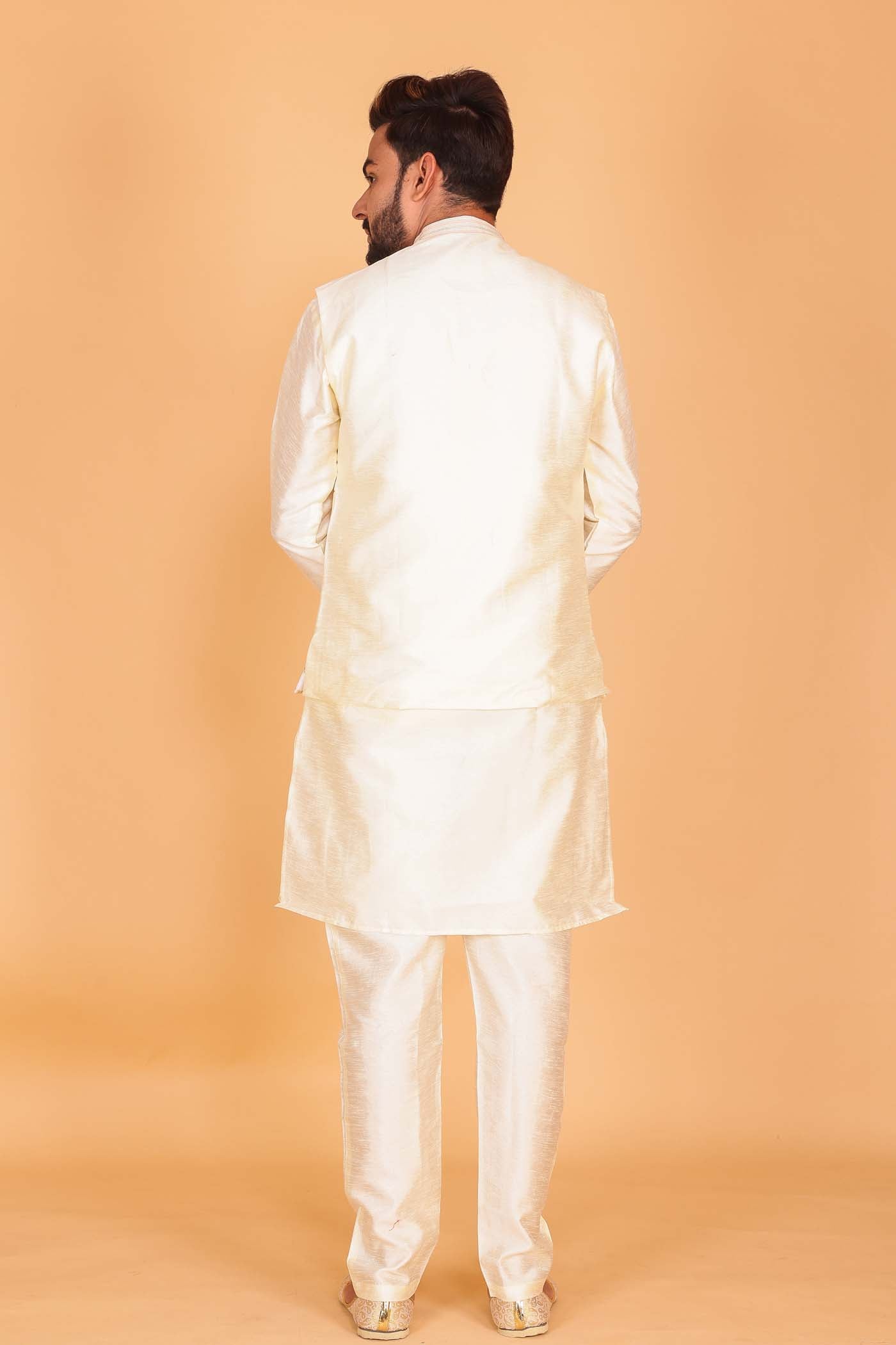Designer Raw silk waistcoat kurta suit - Cream