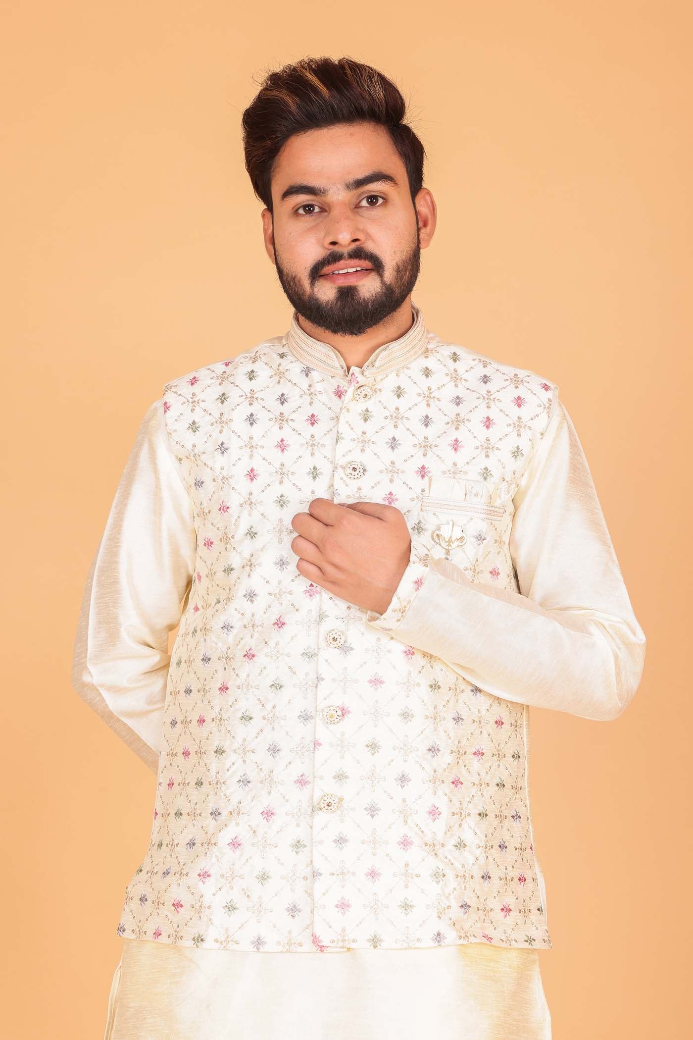 Designer Raw silk waistcoat kurta suit - Cream