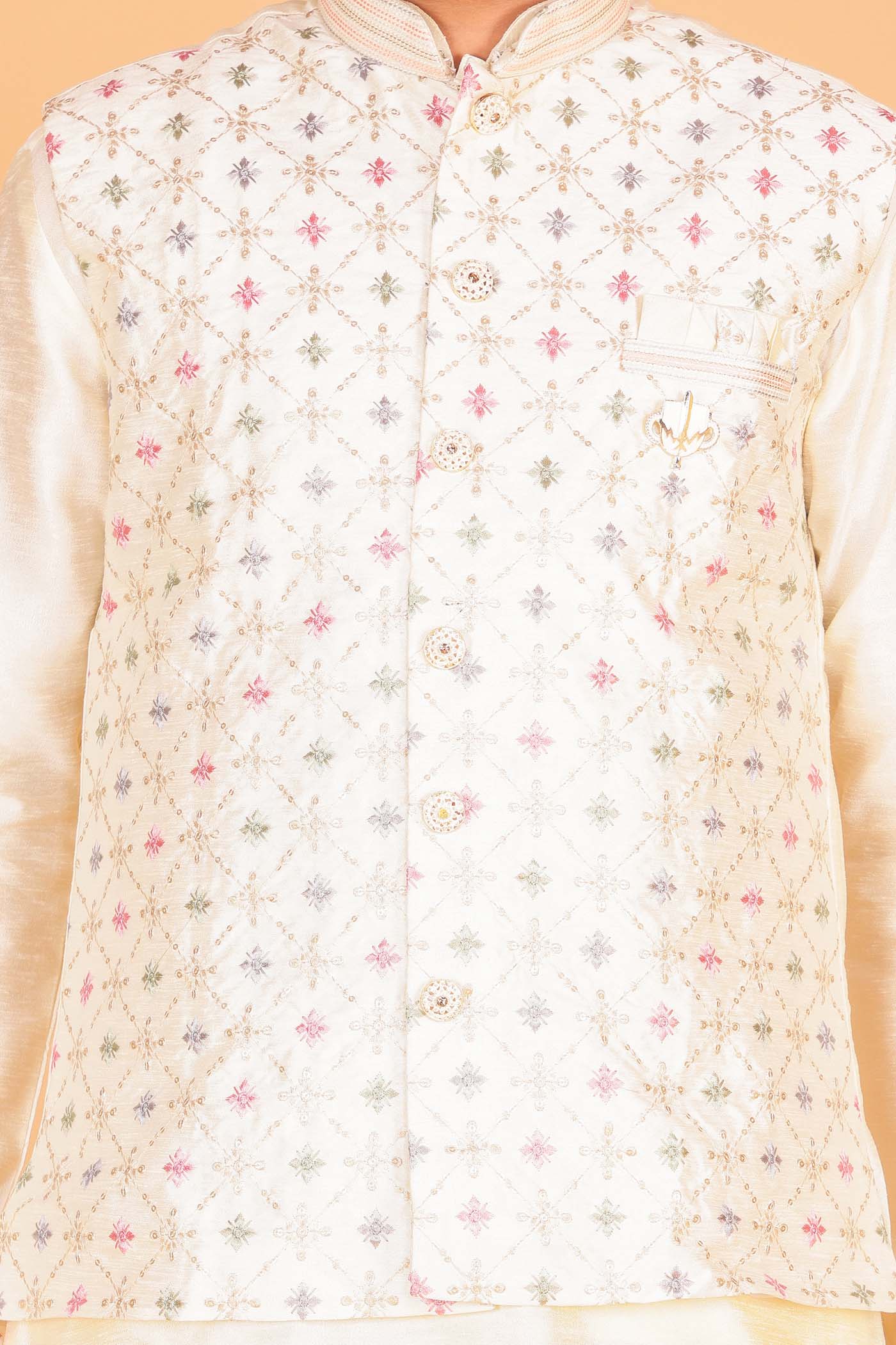 Designer Raw silk waistcoat kurta suit - Cream