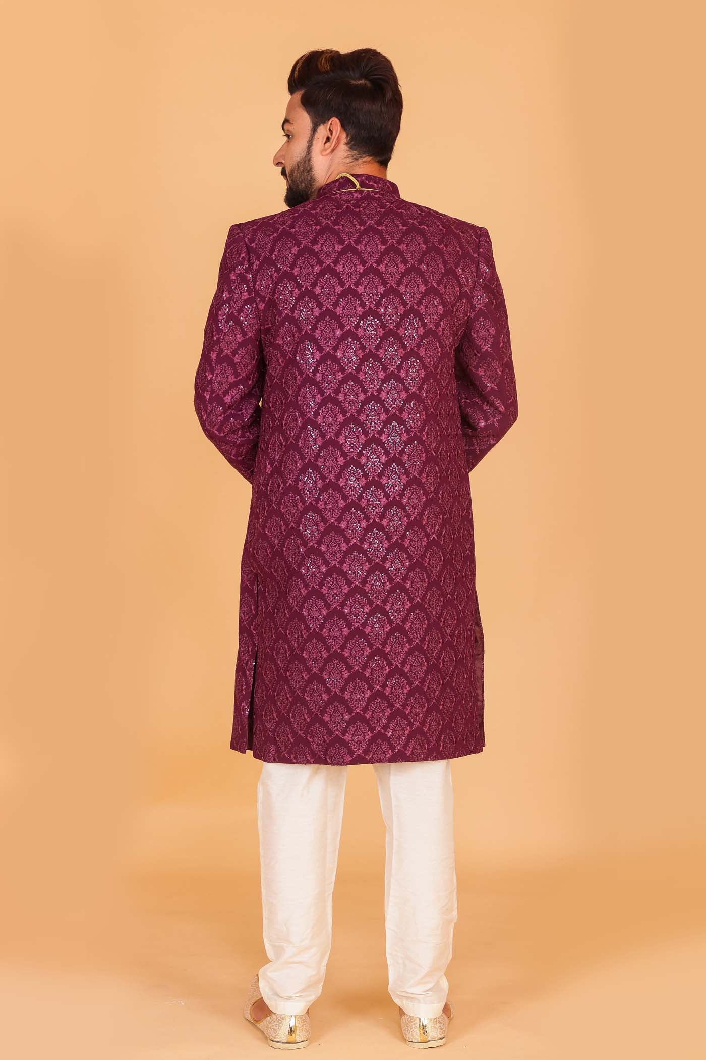 Dark Magenta Soft Lucknowi Silk Indo-Western Suit
