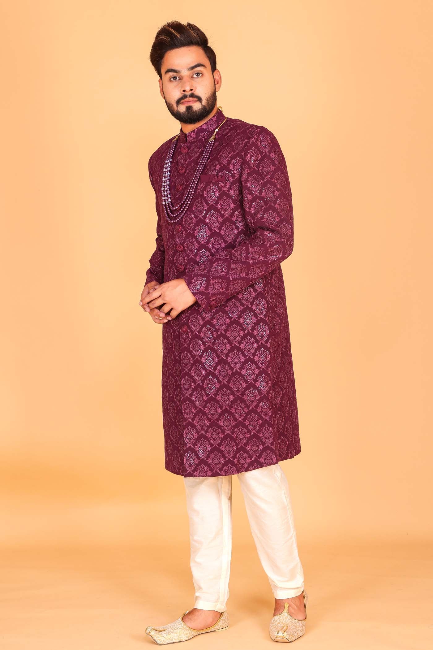Dark Magenta Soft Lucknowi Silk Indo-Western Suit