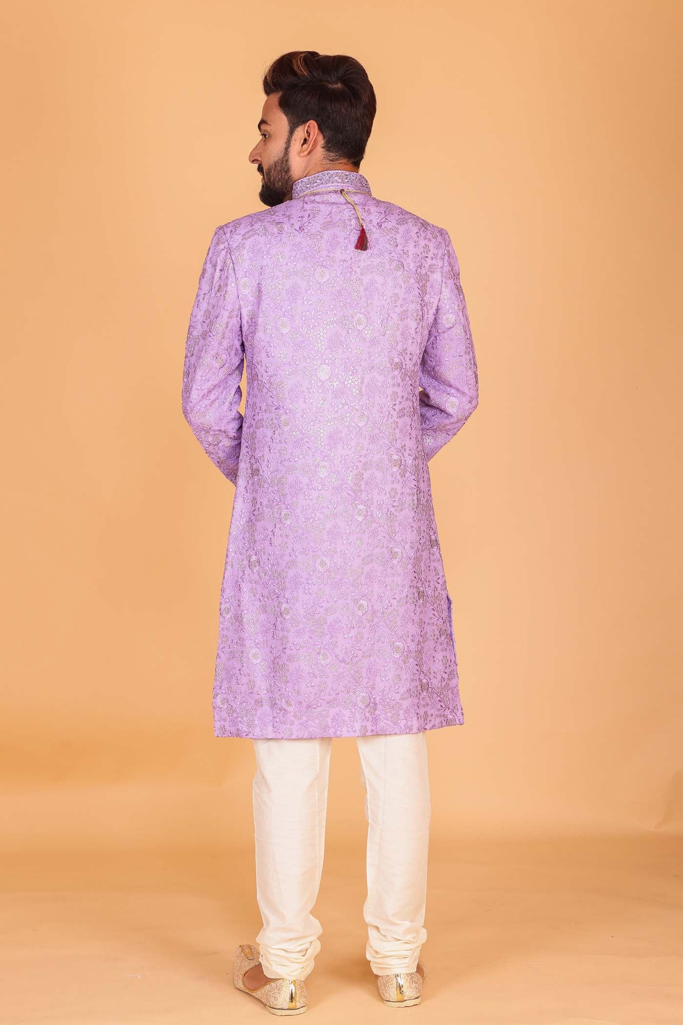 Lilac Lucknowi Silk Sherwani Suit.