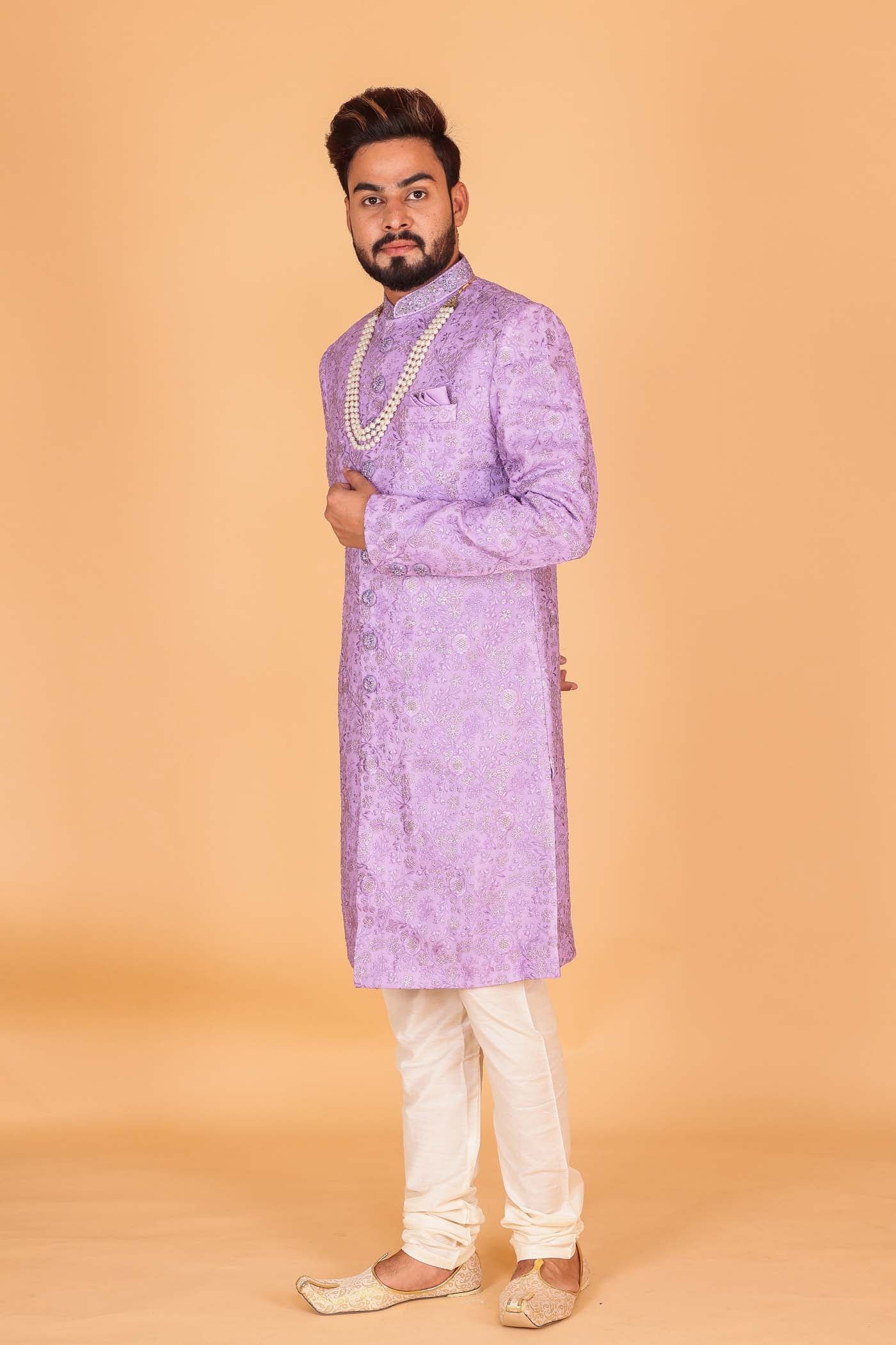 Lilac Lucknowi Silk Sherwani Suit.