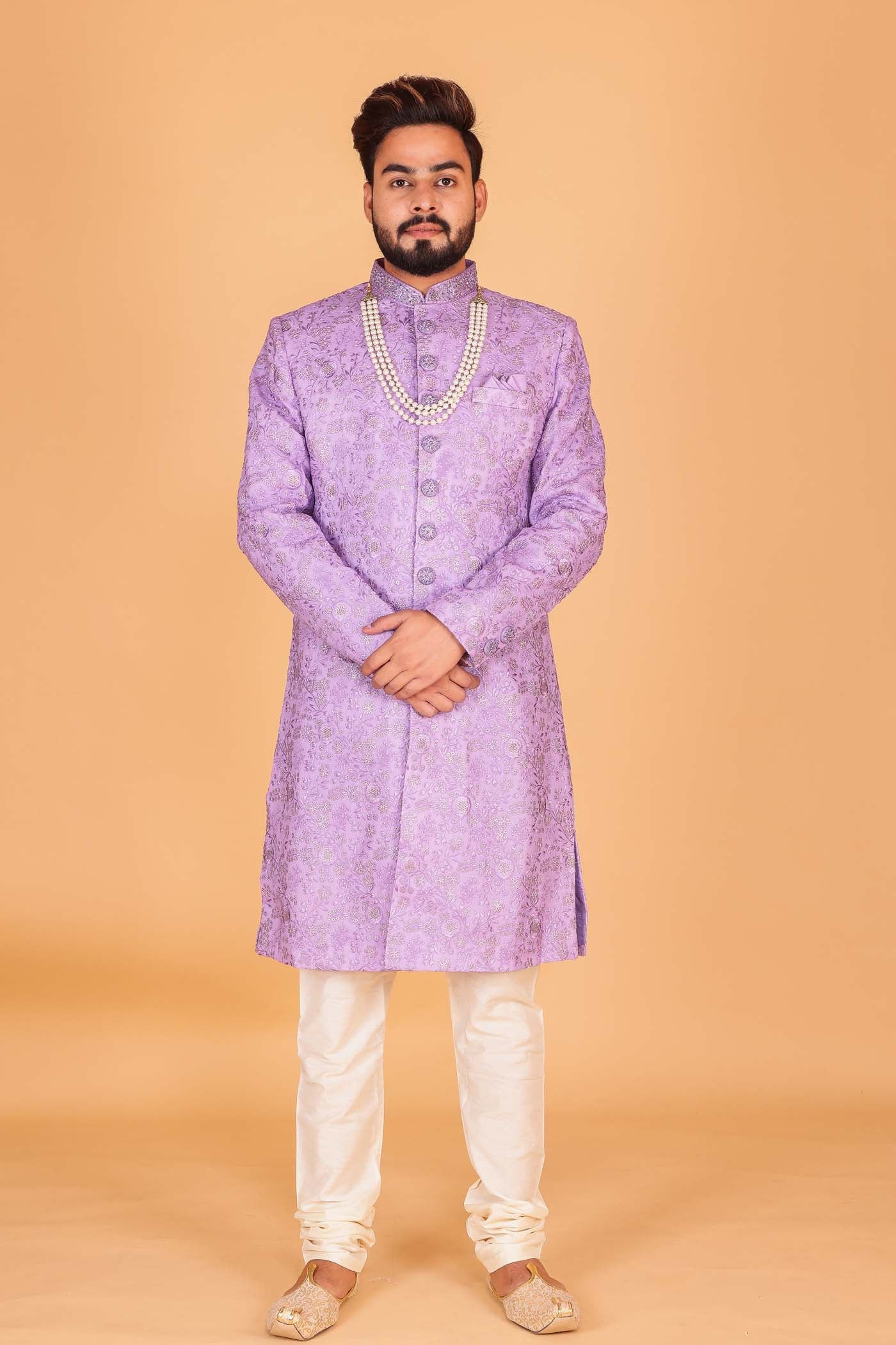 Lilac Lucknowi Silk Sherwani Suit.