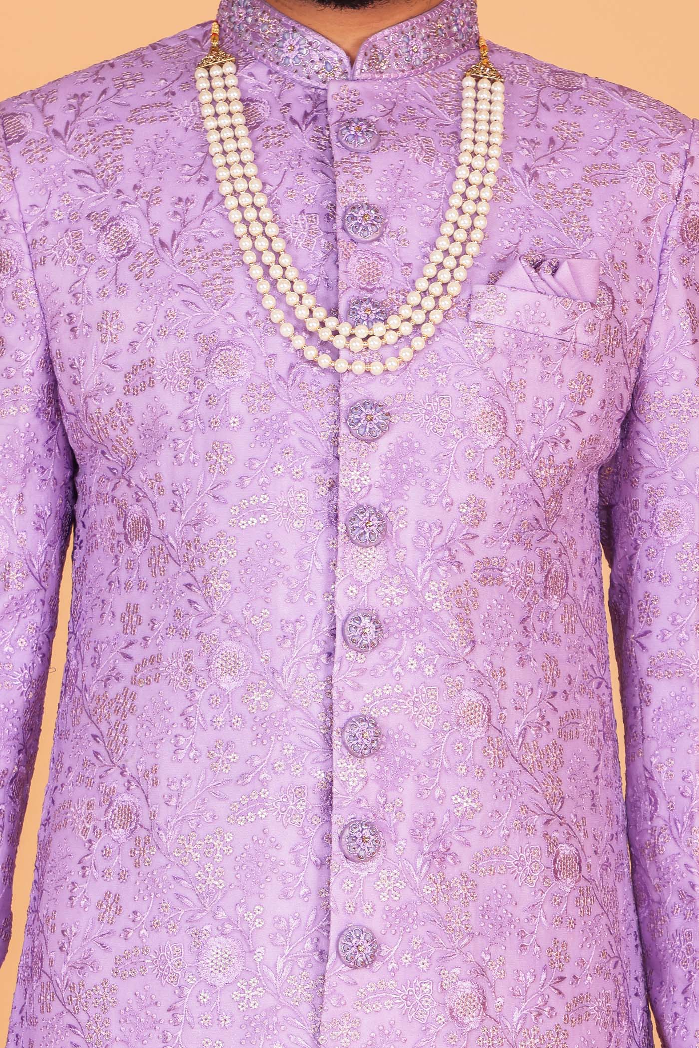 Lilac Lucknowi Silk Sherwani Suit.