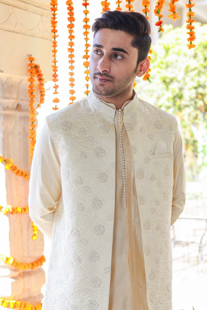 Light Gold Open Jacket style Indo-Western Suit.