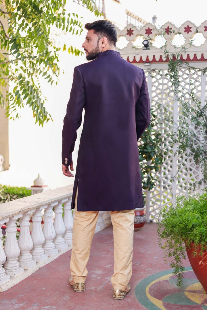 Dark Plum Indo-Western Sherwani Suit.