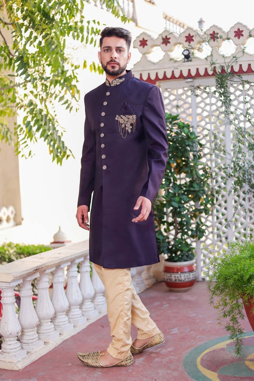 Dark Plum Indo-Western Sherwani Suit.