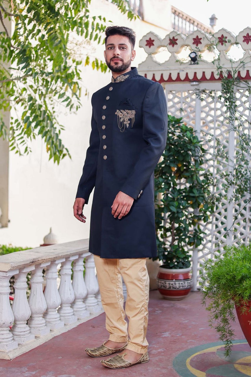 Dark Teal Indo-Western Sherwani Suit.