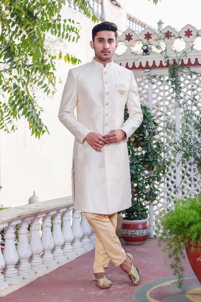 Cream Indo-Western Sherwani Suit.