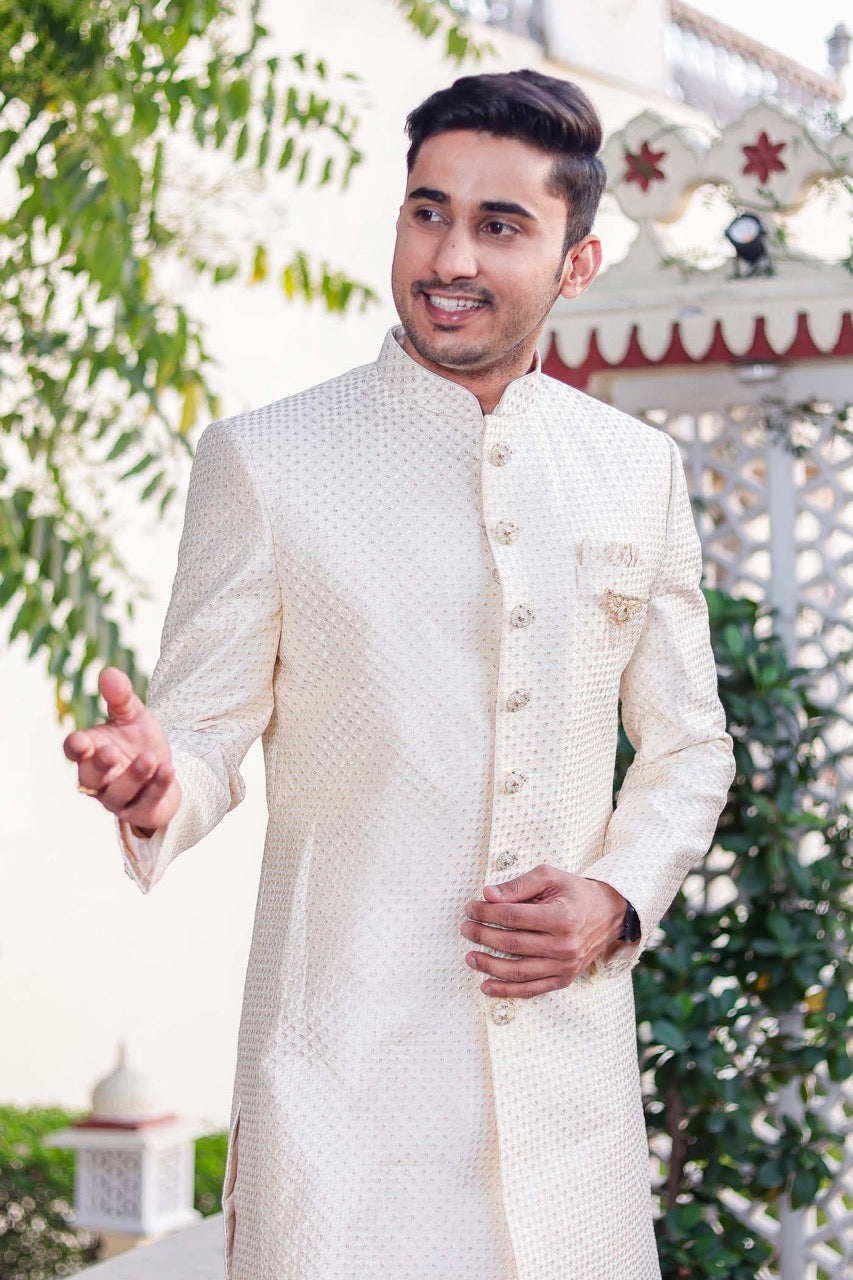 Cream Indo-Western Sherwani Suit.