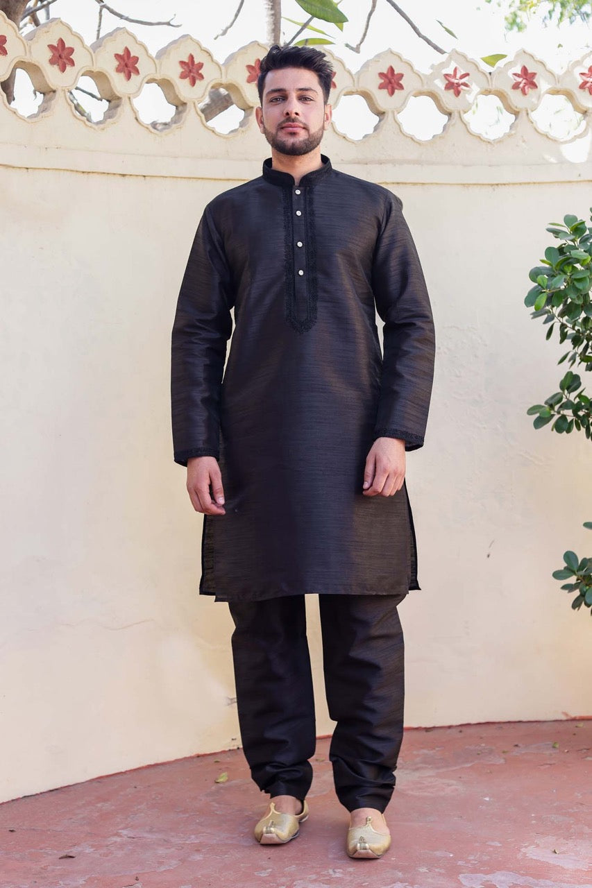 Black Dupion Silk Kurta Suit.