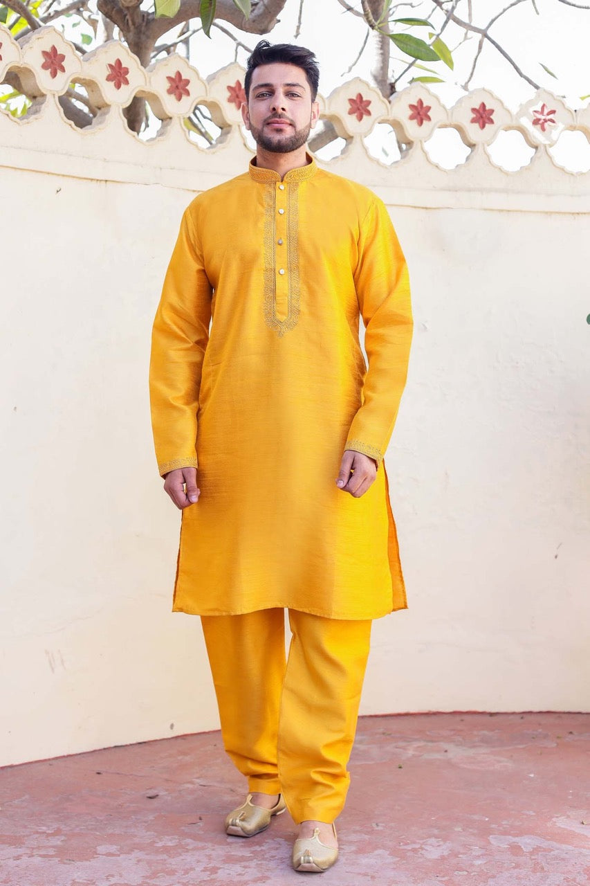 Mustard Yellow Dupion Silk Kurta Suit.