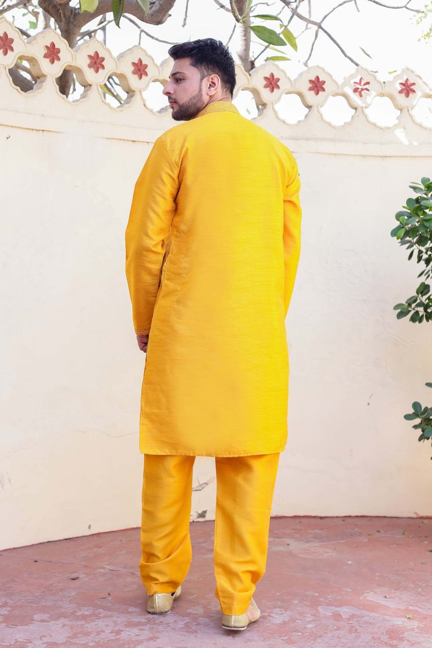 Mustard Yellow Dupion Silk Kurta Suit.