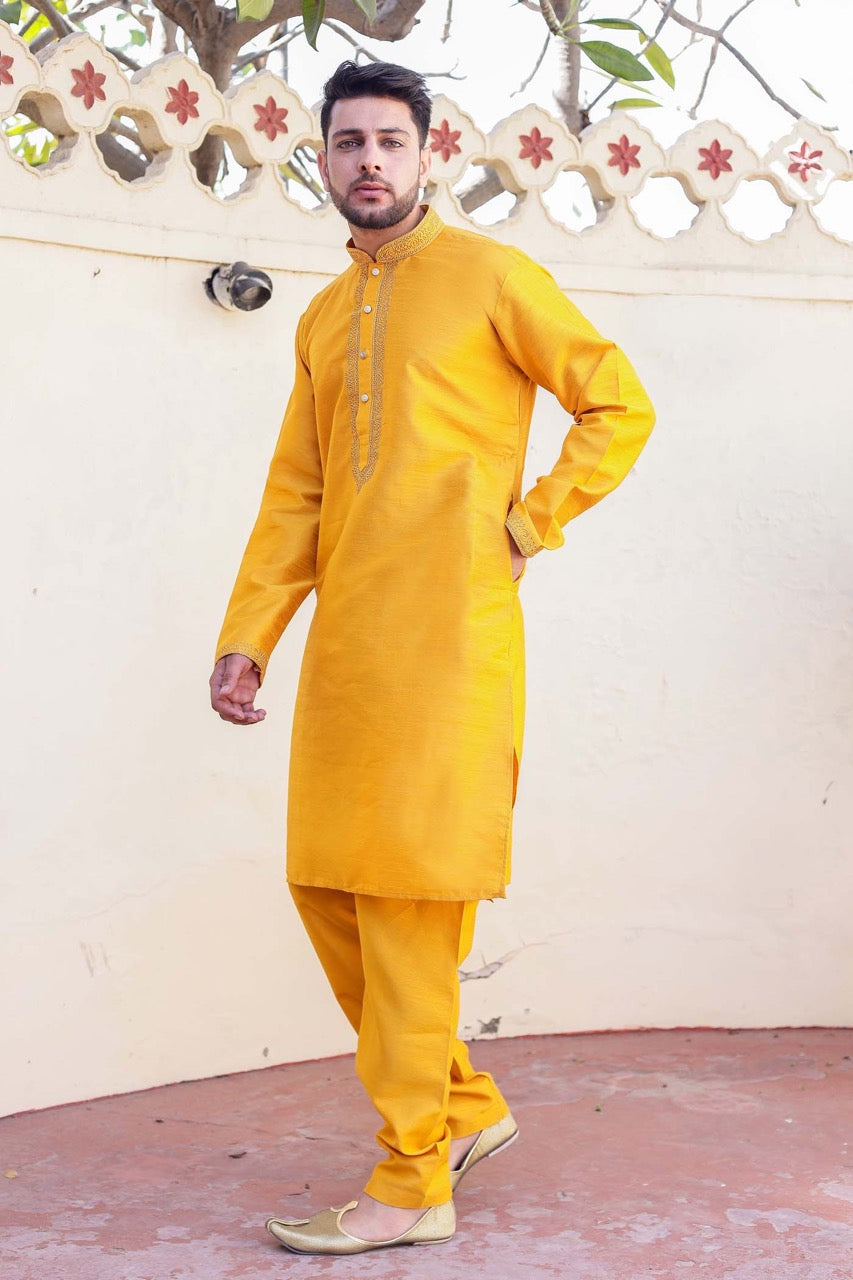 Mustard Yellow Dupion Silk Kurta Suit.