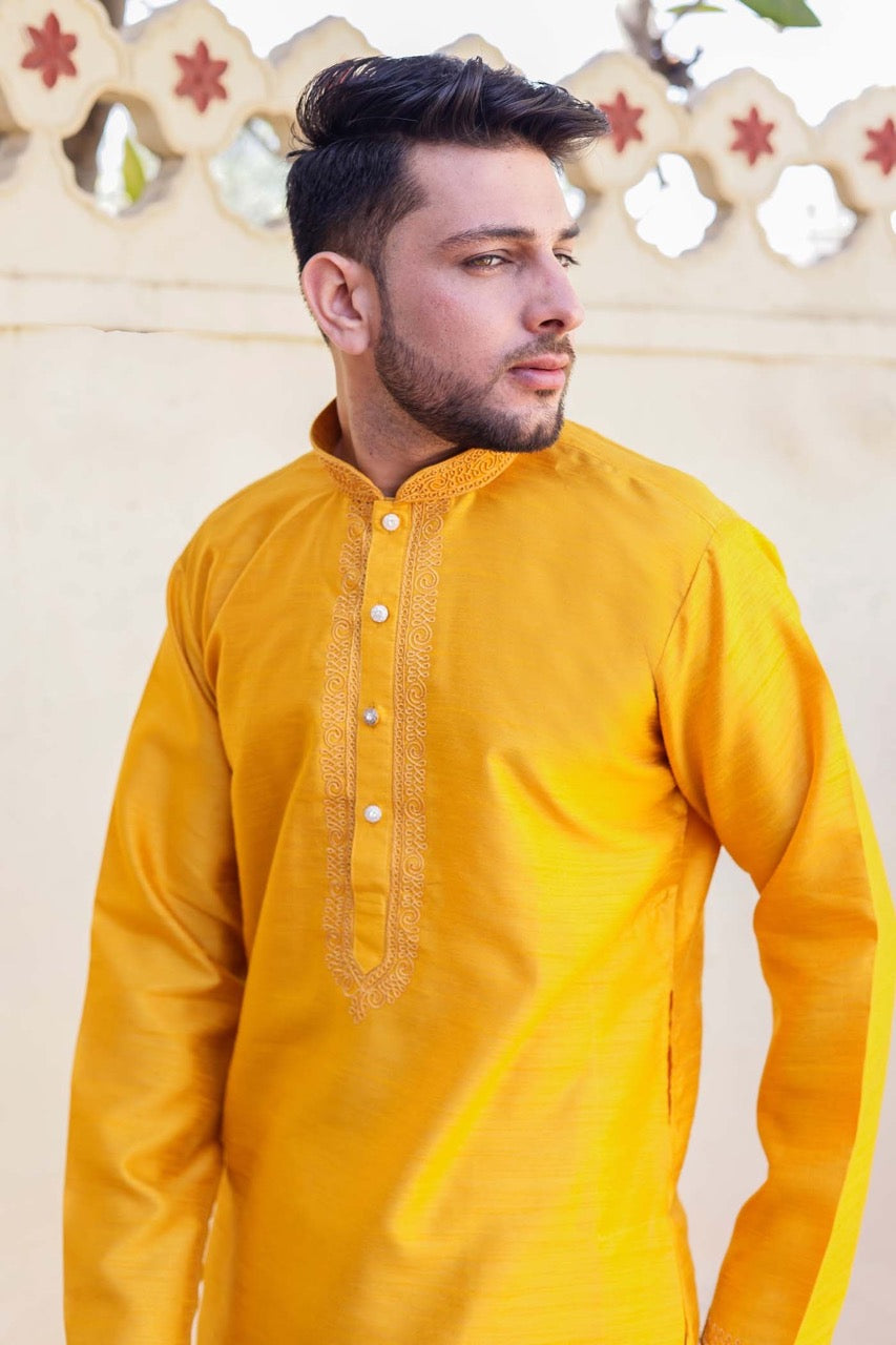 Mustard Yellow Dupion Silk Kurta Suit.
